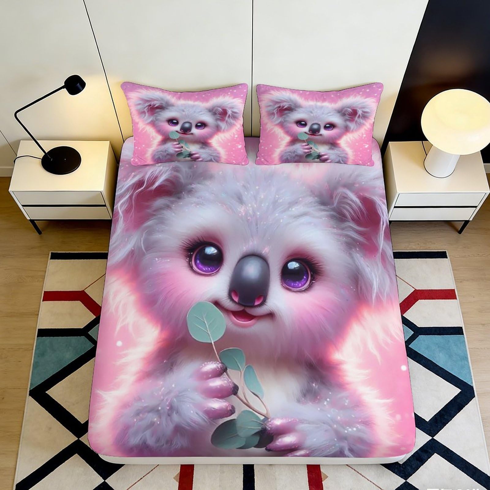 3D Printed Pink Koala Fitted Sheet Microfiber Soft Cartoon Animal Bed Cover for Bedroom Dorm Easy Care Matratzen Schutz 90x200x25cm