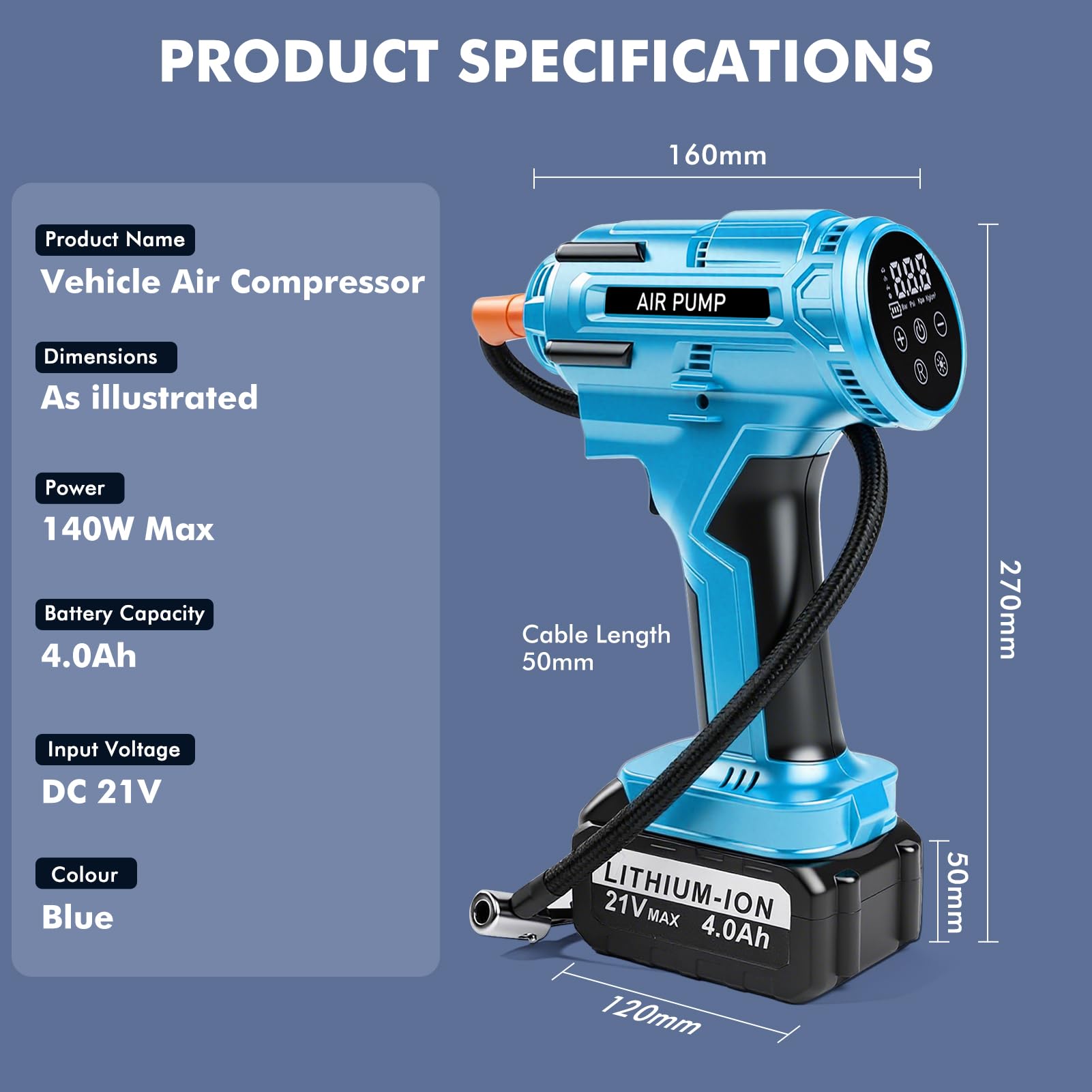 Compressore Portatile per Auto 150PSI, 800W Potente Compressore a Batteria 21V 4,0Ah, Valori Preimpostati, Luce LED & Display LED, per Auto Moto Biciclette Monopattini o Palloni