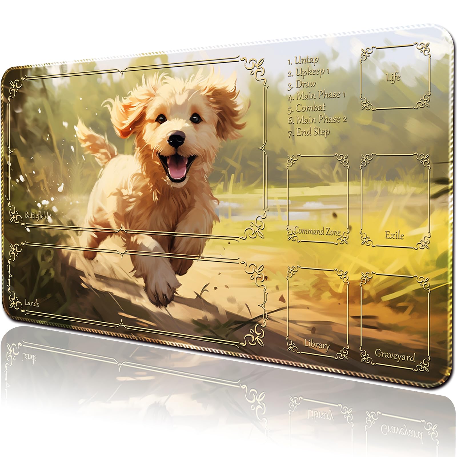 April Space Playmat Board Game MTG Duel Playmat Trading Card 23.6 x 13.8in Game Mat Stitching Edges Compatible for TCG CCG RPG OCG with Card Zones + Free Waterproof Bag (with Zone,Puppies)