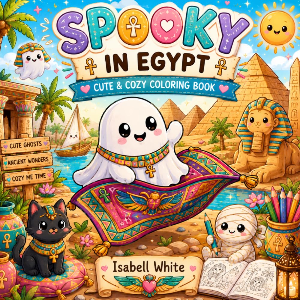 Cozy Me Time: Spooky in Egypt Coloring Book for Adults: Cute Ghosts, Pyramids & Desert Scenes, Stress Relief Coloring Pages for Beginners
