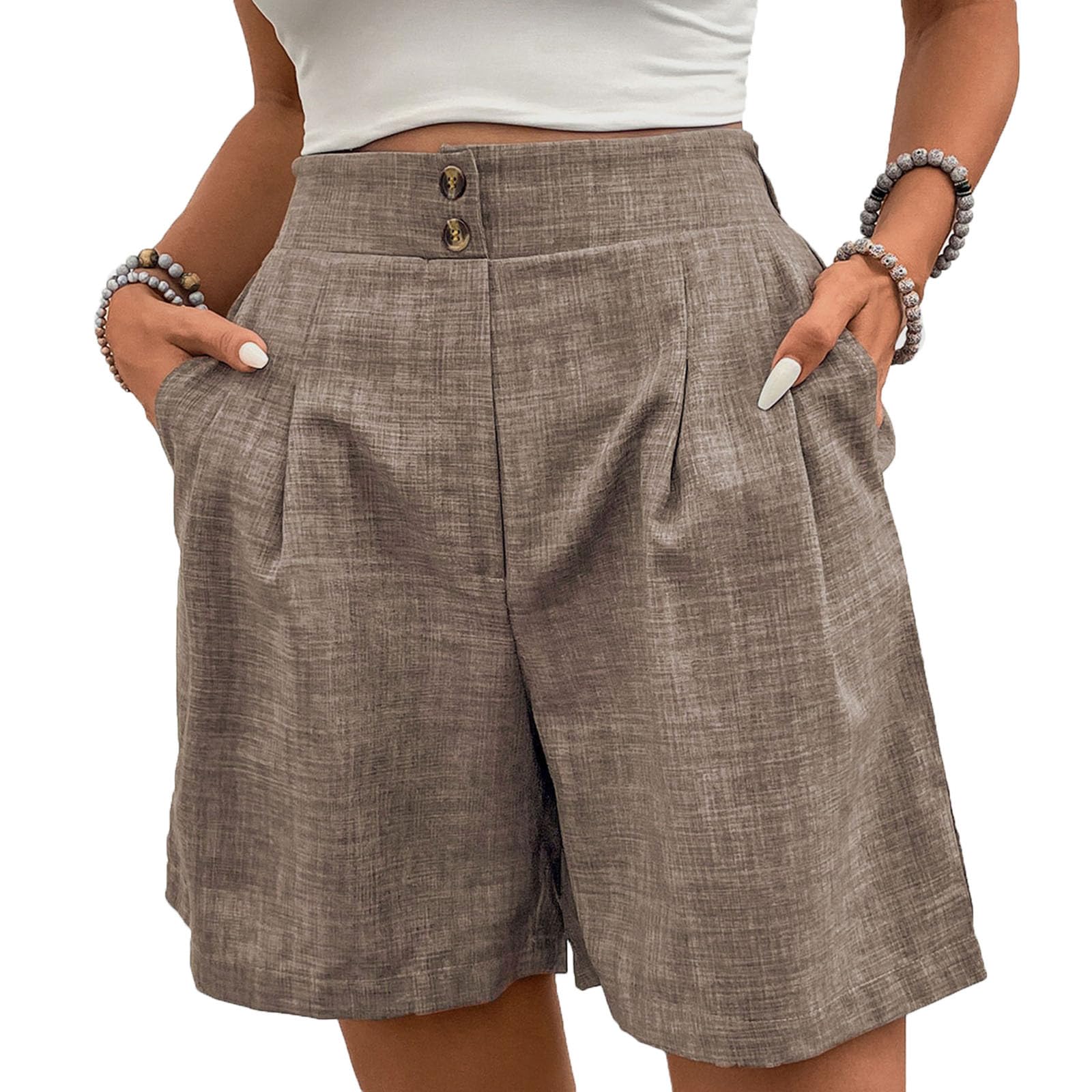 Linen Bermuda Shorts for Women Baggy Pleated Trousers High Waisted Casual Wide Leg Button Shorts Comfy Lounge Pants