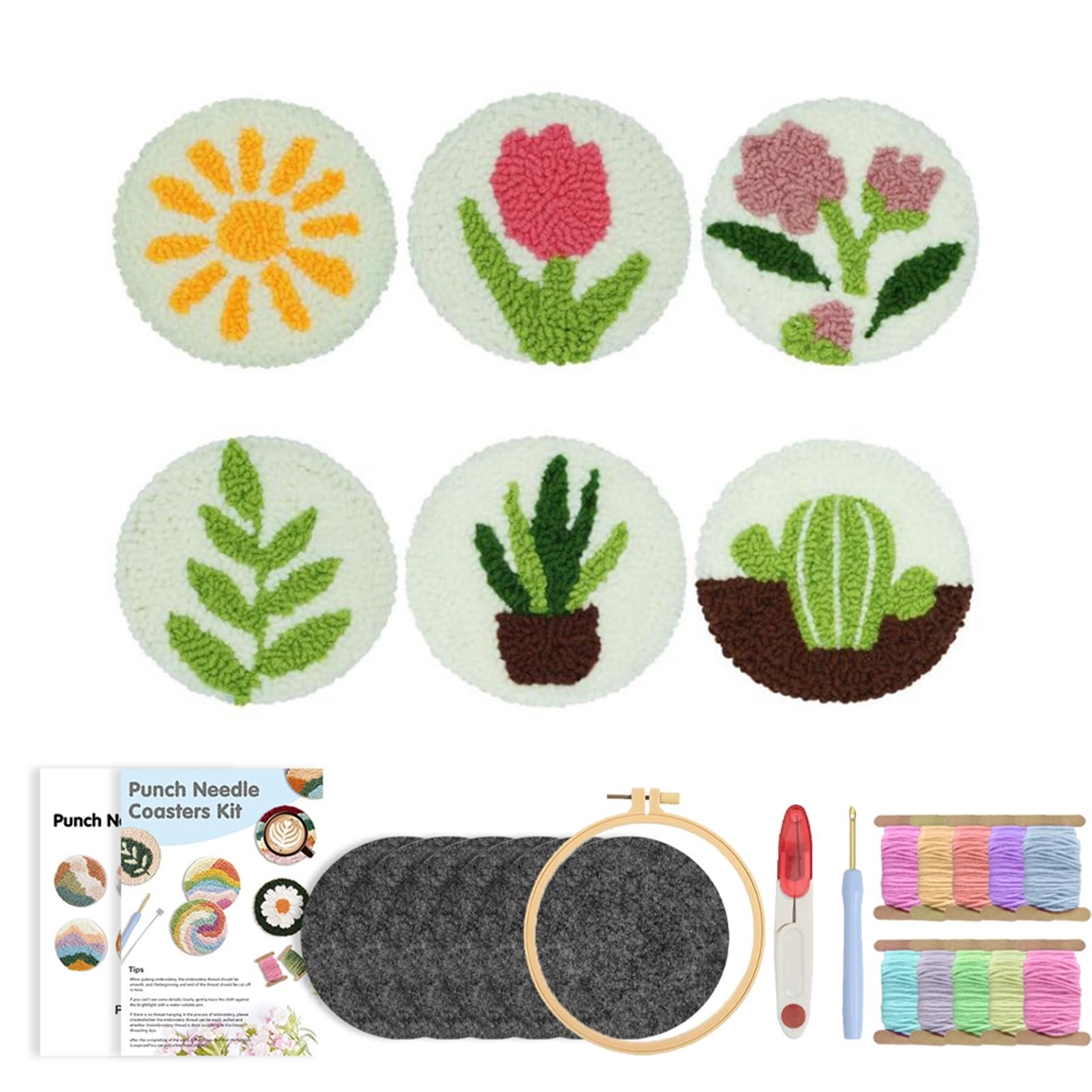 1set Punch Needle Coasters Kit For Beginners Plant Pattern Embroidery Kits Easy Tufted Rug Decoration for DIY(Color4)