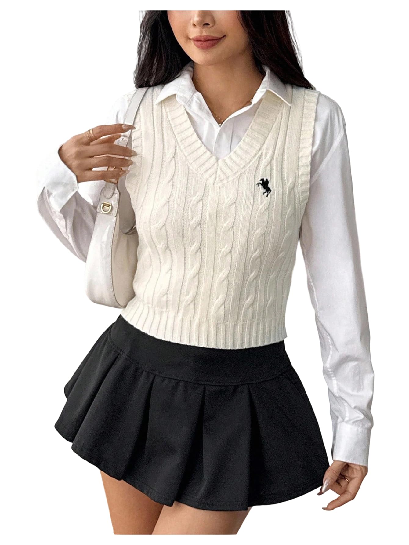 SHENHE Womens Cable Knit V Neck Sweater Vest Embroidered Sleeveless Preppy Ribbed Crop Tank Top