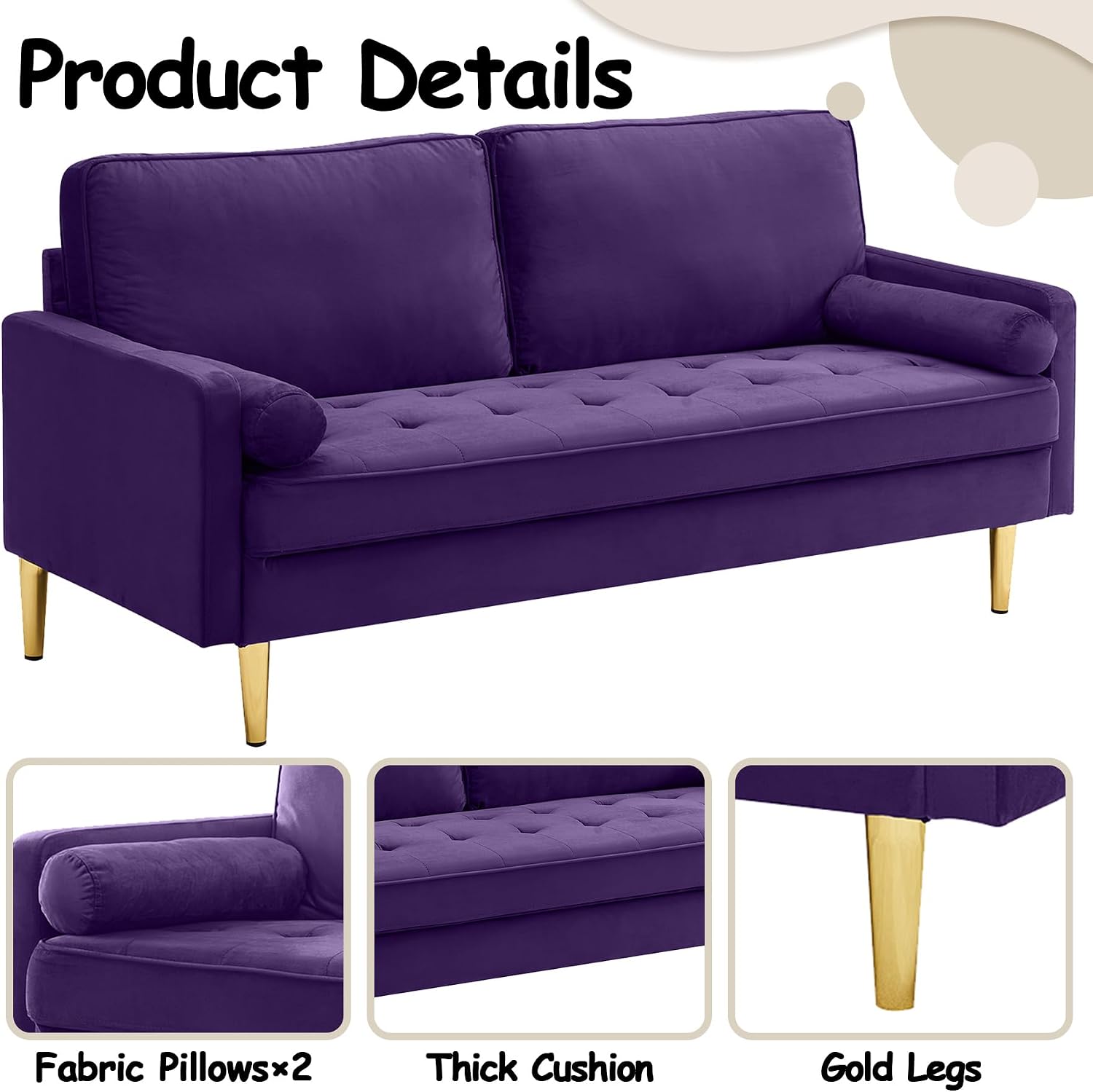 HRVEOCEI 65 Inch Purple Velvet Couch, Small Loveseat Sofa & Office Sofa for Small Space, Smalls Couch for Bedroom Livingroom, 2 Pillows, Gold Legs, Tufted Seat (Purple)