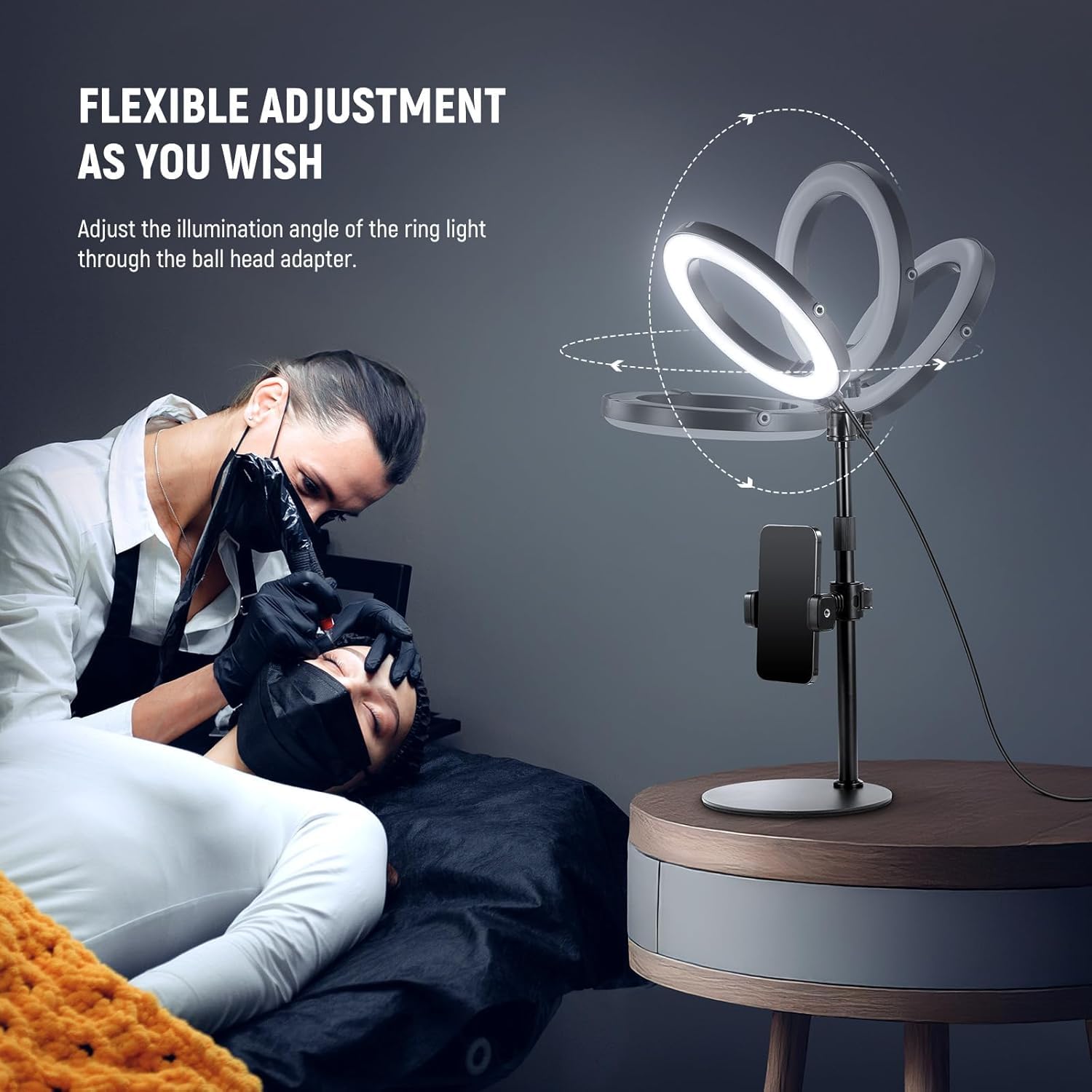 NEEWER Pierścień biurkowy 8" 18 W do telefonu, dwukolorowy 2900-7000K 1380lux/0,5 m CRI95+/TLCI97+ oświetlenie do selfie 12 efektów USB C/nóżka/uchwyt na telefon/pilot, zoom/Youtube/TikTok Vlog, RH8B