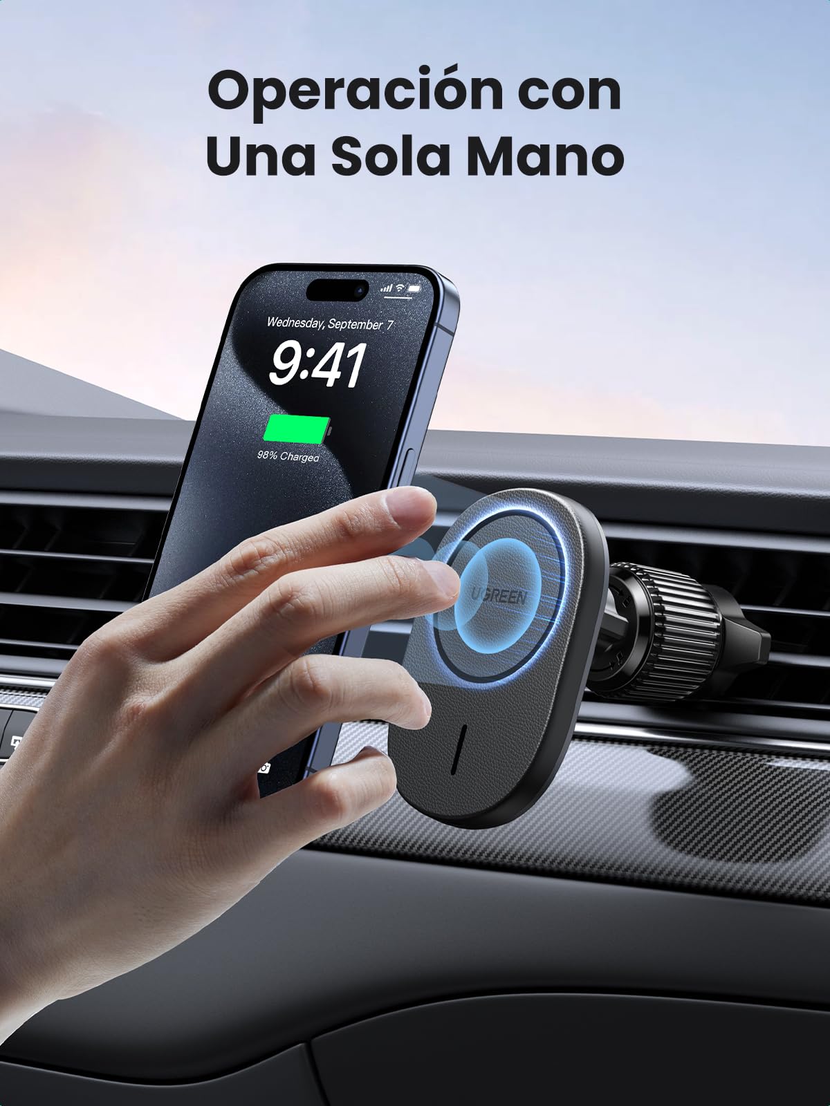 UGREEN Cargador Inalámbrico Magnético, Soporte Móvil para Aire Ventilación Carga Qi 15W, Compatible con iPhone 16 Plus Pro Max/15/14/13/12 Series