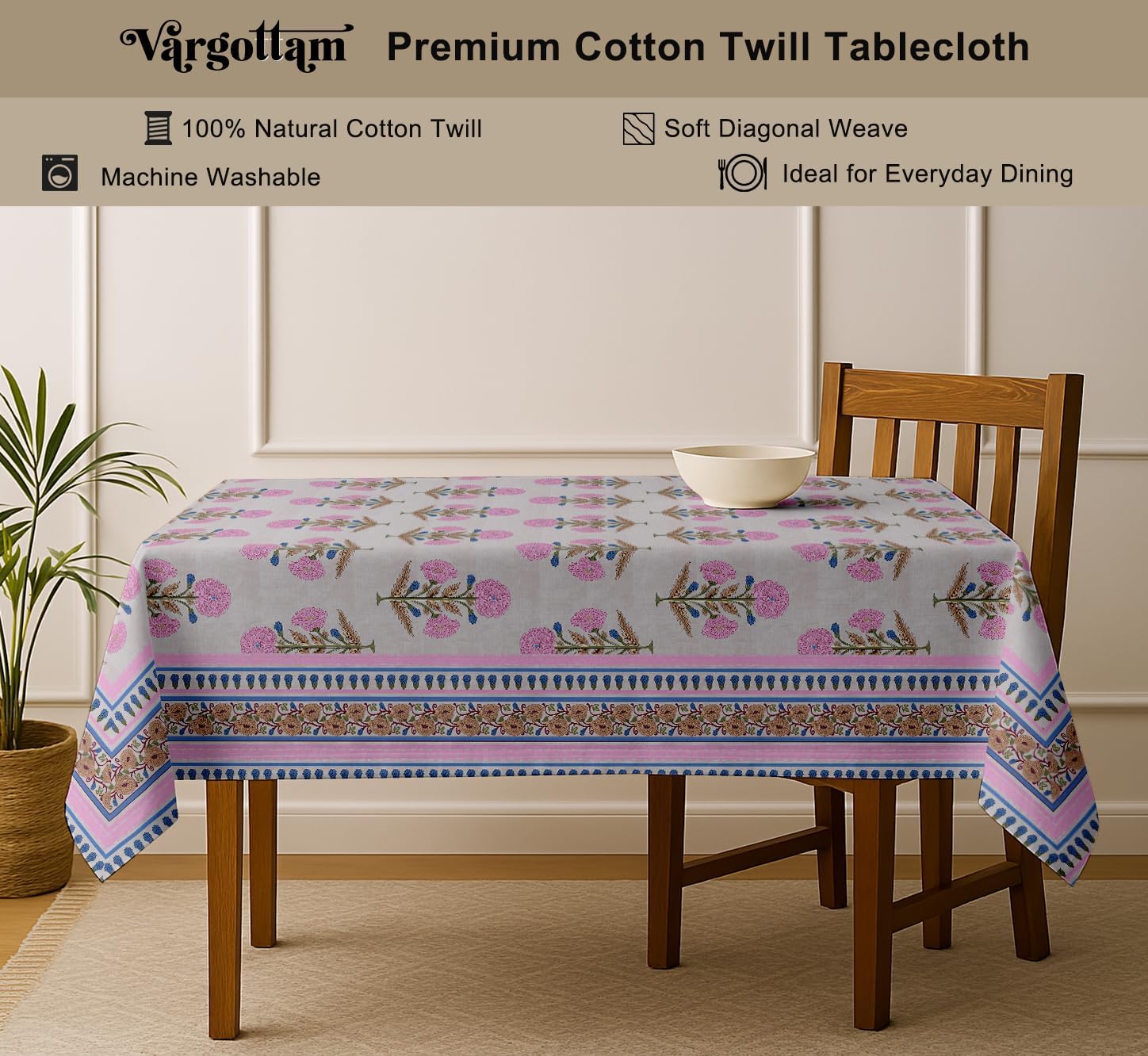 Floral Design Tablecloth- Pink 60x60 Inch Cotton Twill Dining Table Cover, Perfect for 4 Seater Tables, Durable, Protective & Washable, Ideal for Everyday Use, Festive Occasions & Gatherings