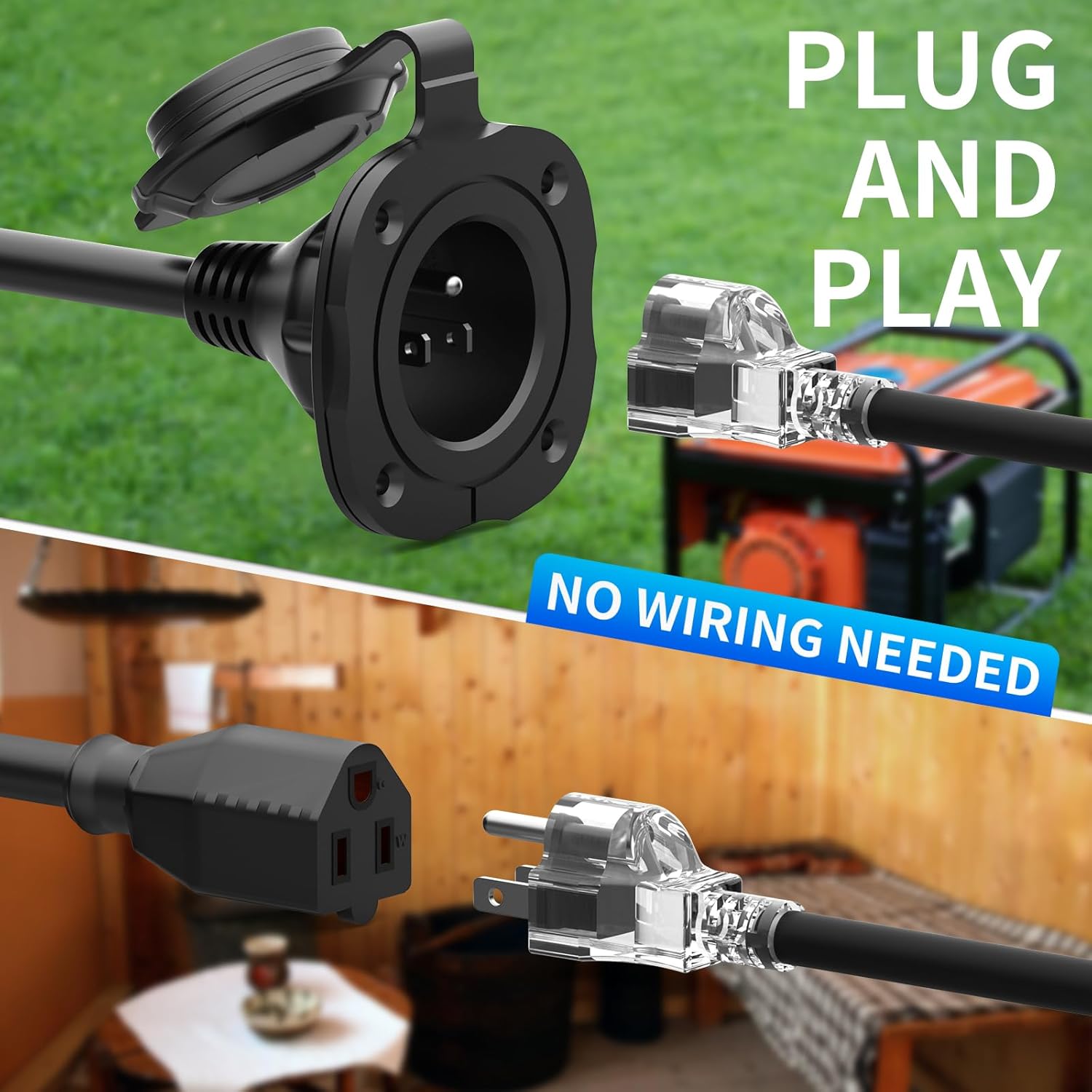 BEBOBLY 15 Amp AC Port Plug, 125V Power Inlet Socket with Waterproof Cover & Integrated 18" Extension Cord, 2 Pole 3-Wire NEMA 5-15 Flanged Generator Inlet Plug for RV Boat Electrical Connections
