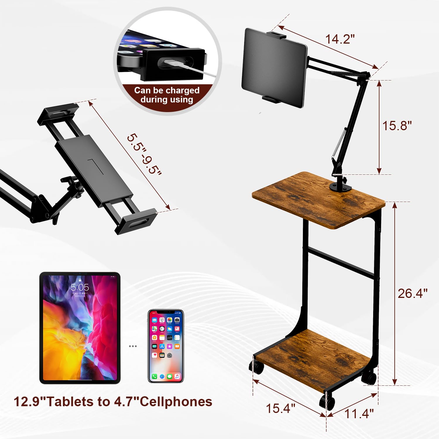 Ständer für Kindle, Tablet, iPad, mit 2-stöckigen Ablagen, winkelhöhenverstellbar, für iPad, Tablet, Kindle, Bett mit 360 Grad drehbaren Rädern, kompatibel mit 11,9 cm - 33 cm (4,7 - 13 Zoll) Kindle