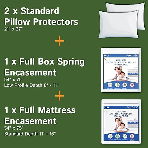 Paquete - 3 artículos: Protector de colchón con cremallera de tamaño matrimonial + funda de somier de tamaño matrimonial + protectores de almohada