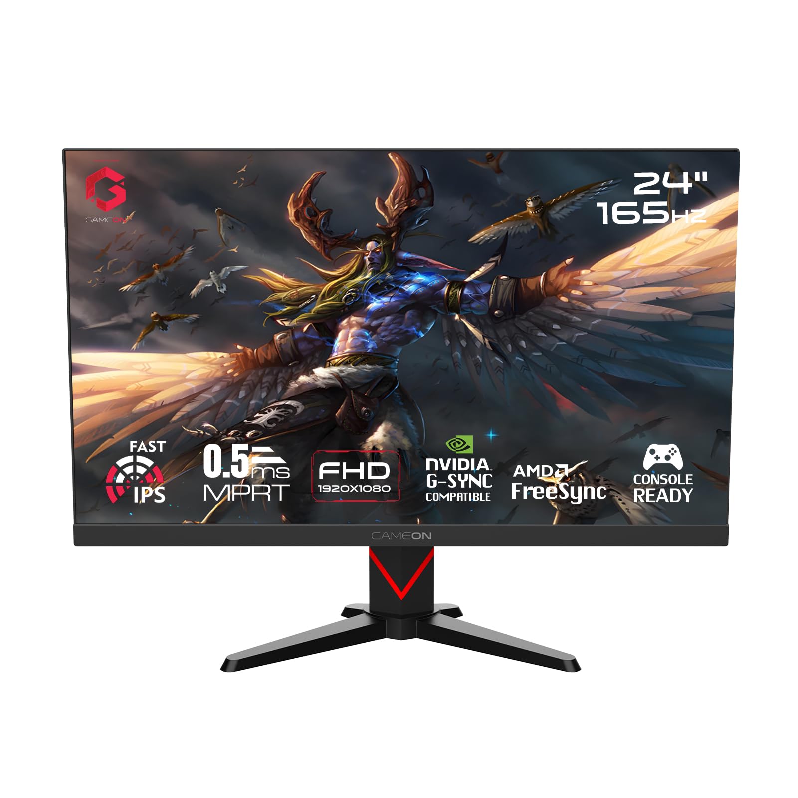 GAMEON 24” IPS Gaming Monitor – FHD 1920x1080, 165Hz Refresh Rate, 1ms Response Time, Edge-Lit LED Display, Antiglare 3H Hard Coating, HDR Support, Two HDMI Ports, FreeSync G-Sync, GOE24FHD165 - Black
