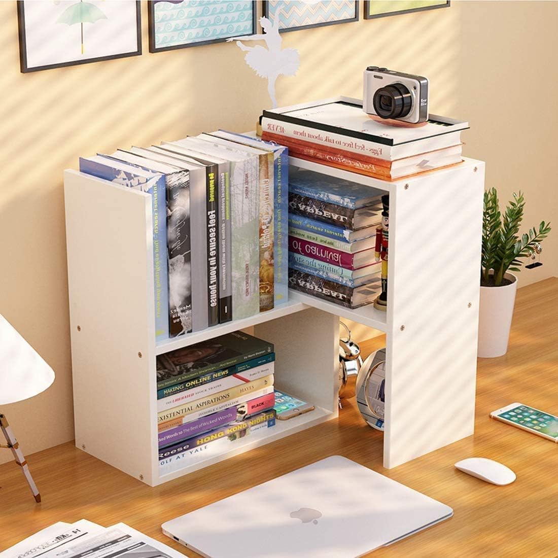 Bibliothèque Extensible en Bois, Organiseur et Étagère de Rangement de Bureau, Fournitures de Bureau, Blanc