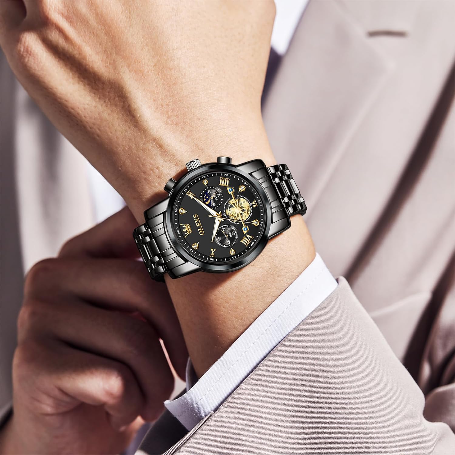 Key features of the OLEVS watch including 30M water resistance, high hardness coated mirror, stainless steel construction, and luminous display.