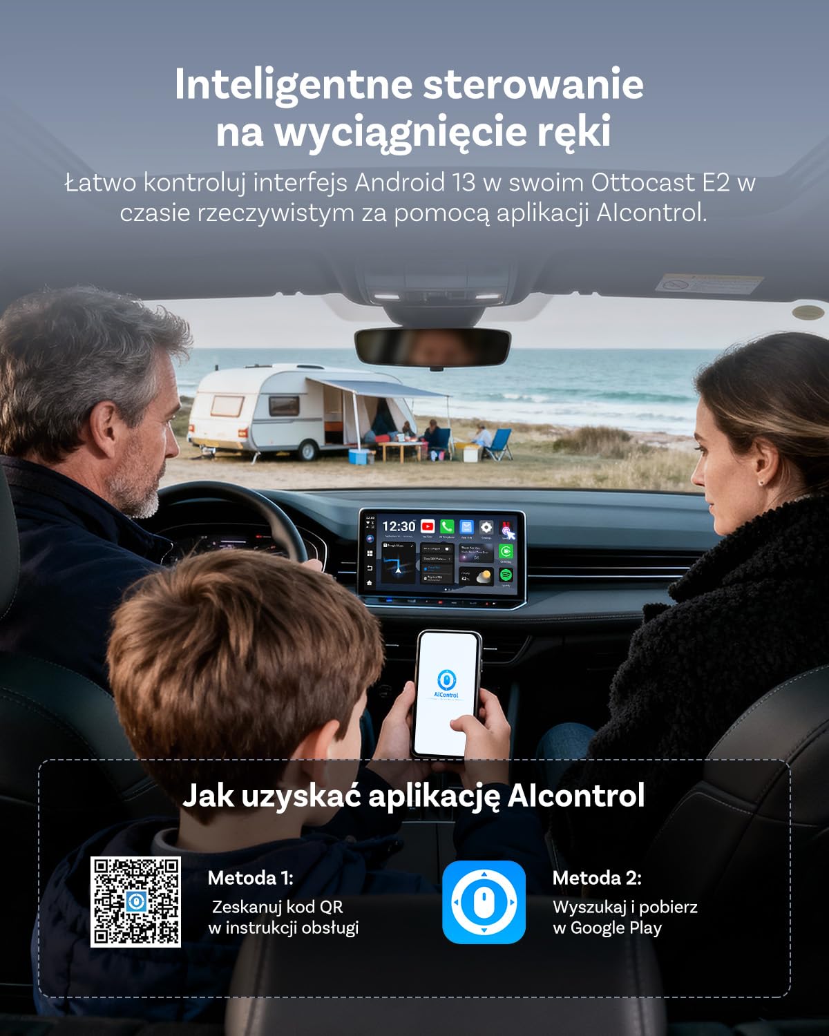 OTTOCAST E2 AI Box, 2026 Ulepszona 3-w-1 Bezprzewodowy Adapter CarPlay i Android Auto, Android 13 Multimedialny Samochodowy z Netflix YouTube, Obsługą WiFi i Karty SIM 4G, 4+64 GB, Aktualizacja OTA