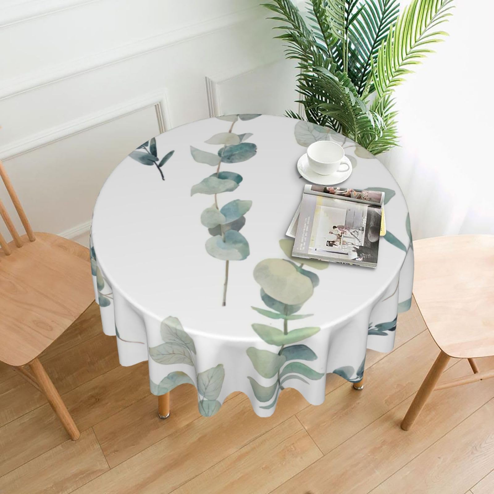 Uusnwaa Eucalyptus Leaves Print Round Tablecloth 60 Inch, Stain Wrinkle Resistant Washable Polyester Table Cover For Kitchen Party