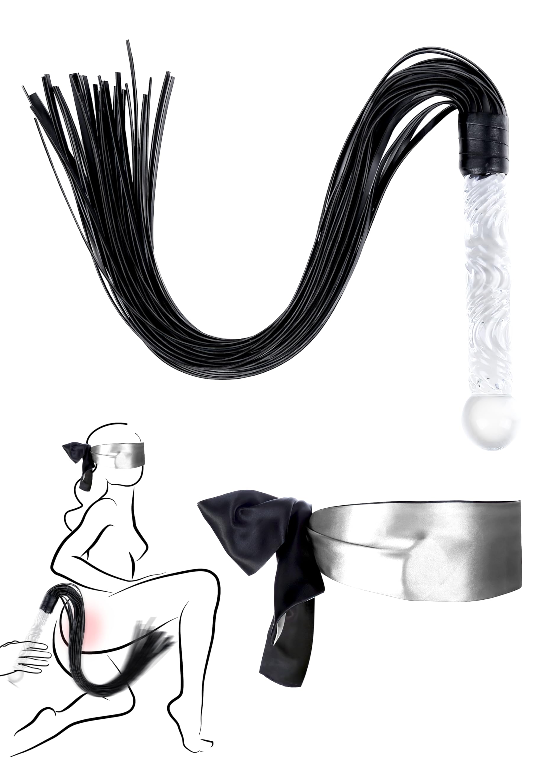 Adult Flogger Glass Handle 27.5 inch Black Blindfold Satin Mask Whip Bedroom Cosplay Set