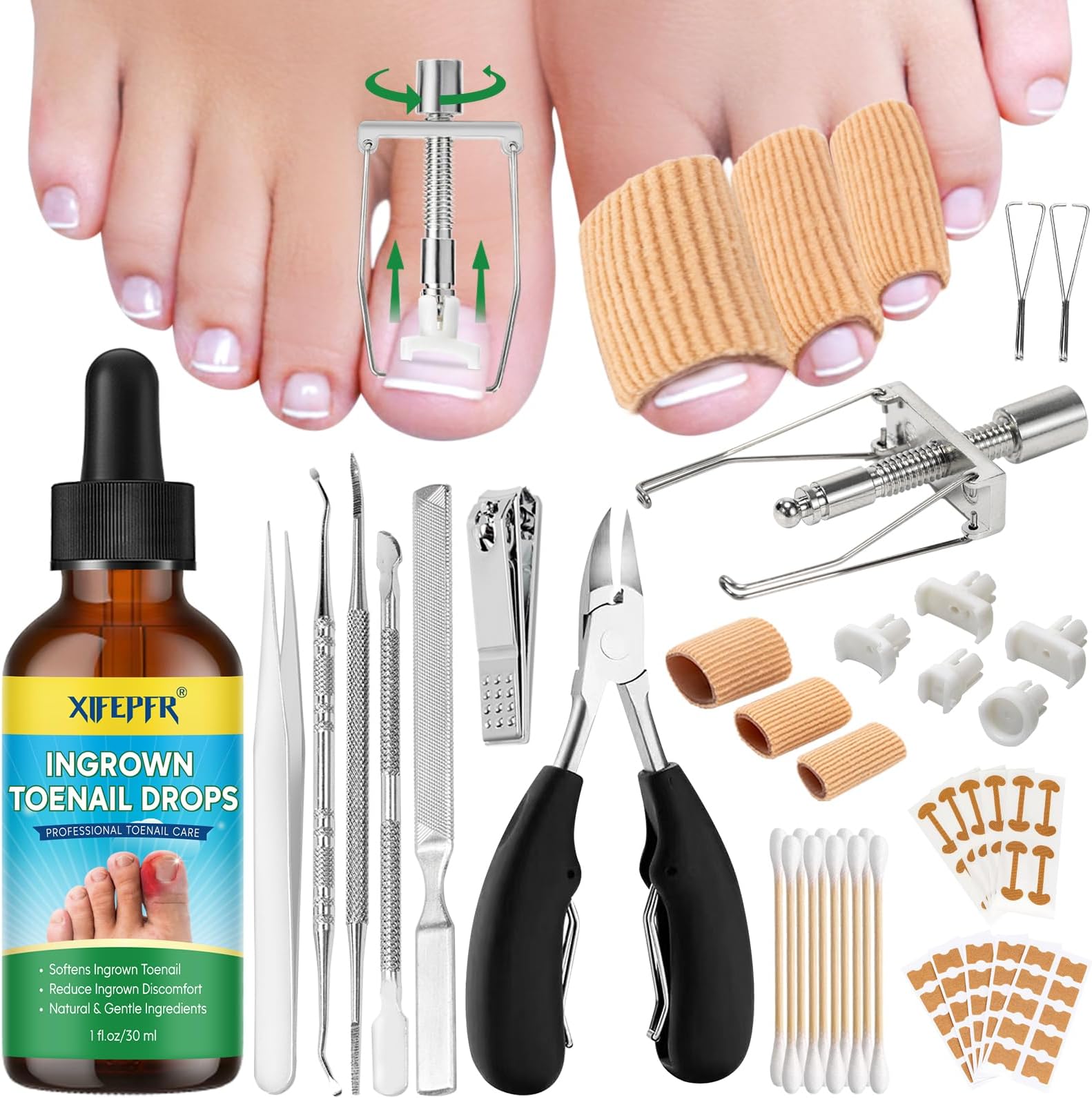 XifepfrIngrown Toenail Tools Kit, Ingrown Toenail Treatment, Stainless Steel Ingrown Toenail Removal Kit, Ingrown Toenail Corrector, Corrector Patch, Toenail Clipper, Nail File Lifter Pedicure Tool