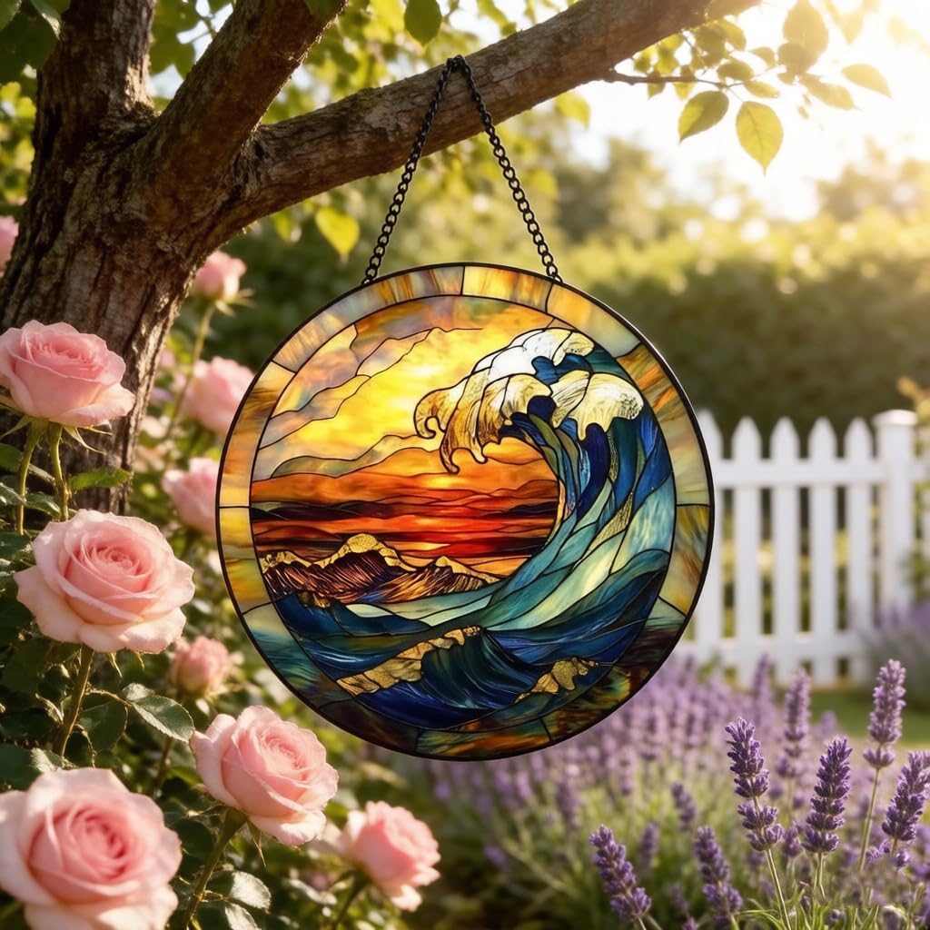 7.87 Inch Ocean Stained Glass Window Hanging, Sunset Ocean Wave Suncatcher for Window Decor, Home Art, UV-Resistant Glass Sun Catcher with Metal Chain, Perfect Birthday for Women
