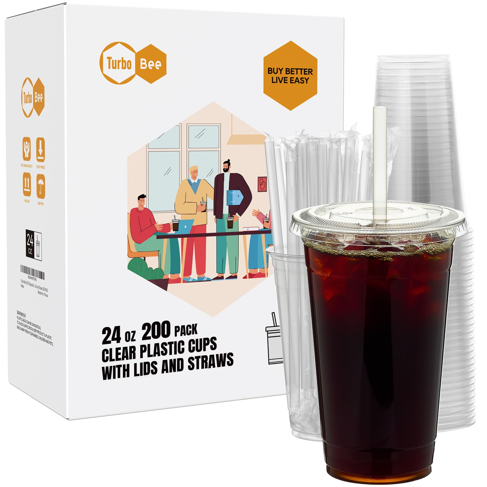 Turbo Bee 200 Sets 24 OZ Clear Plastic Cups with Lids and Straws, Disposable To Go Iced coffee cups with lids for Cold Drinks, Smoothie, and Slushie