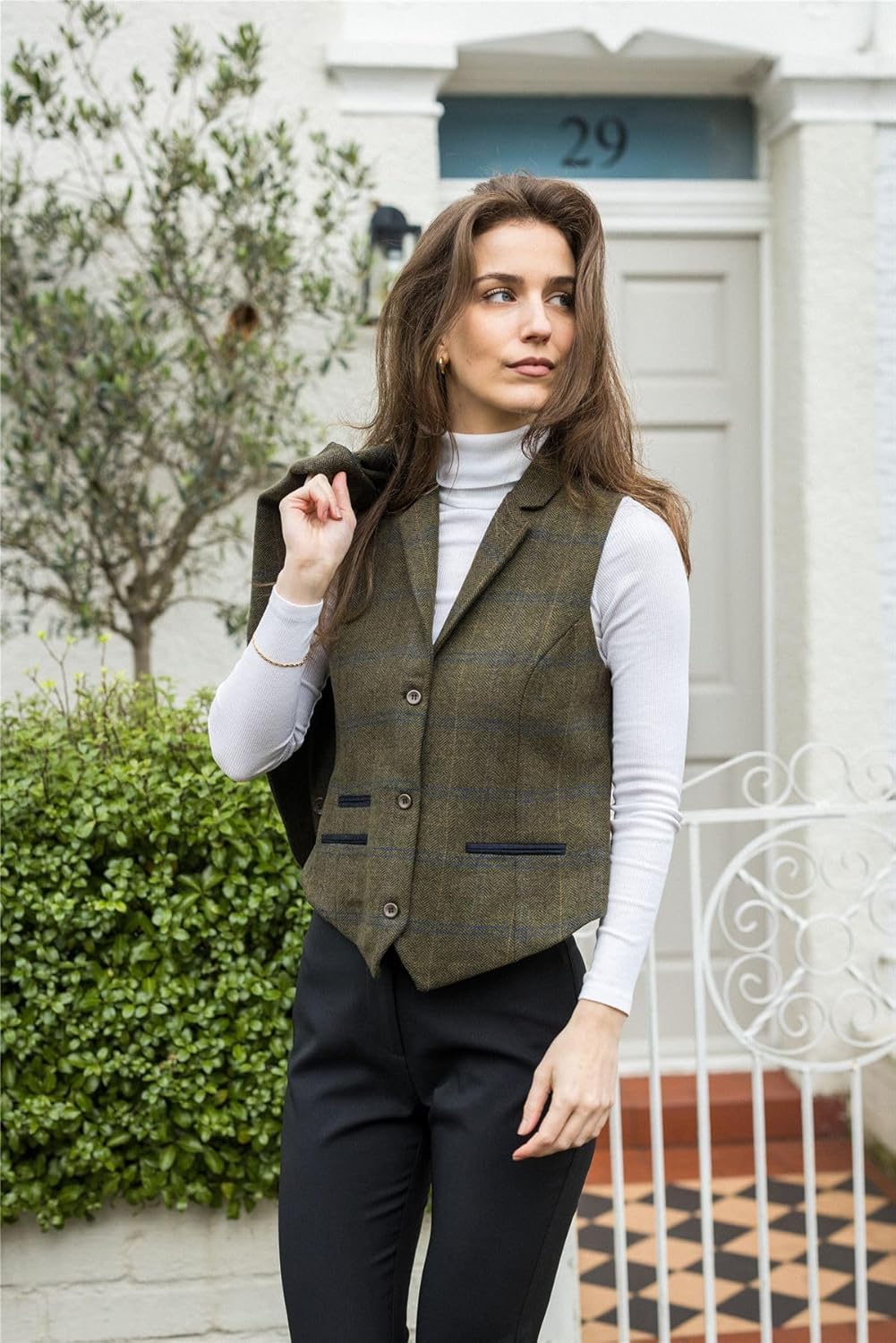 Women's Olive Green Wool Blend Tweed Herringbone Checkered Blazer Waistcoat