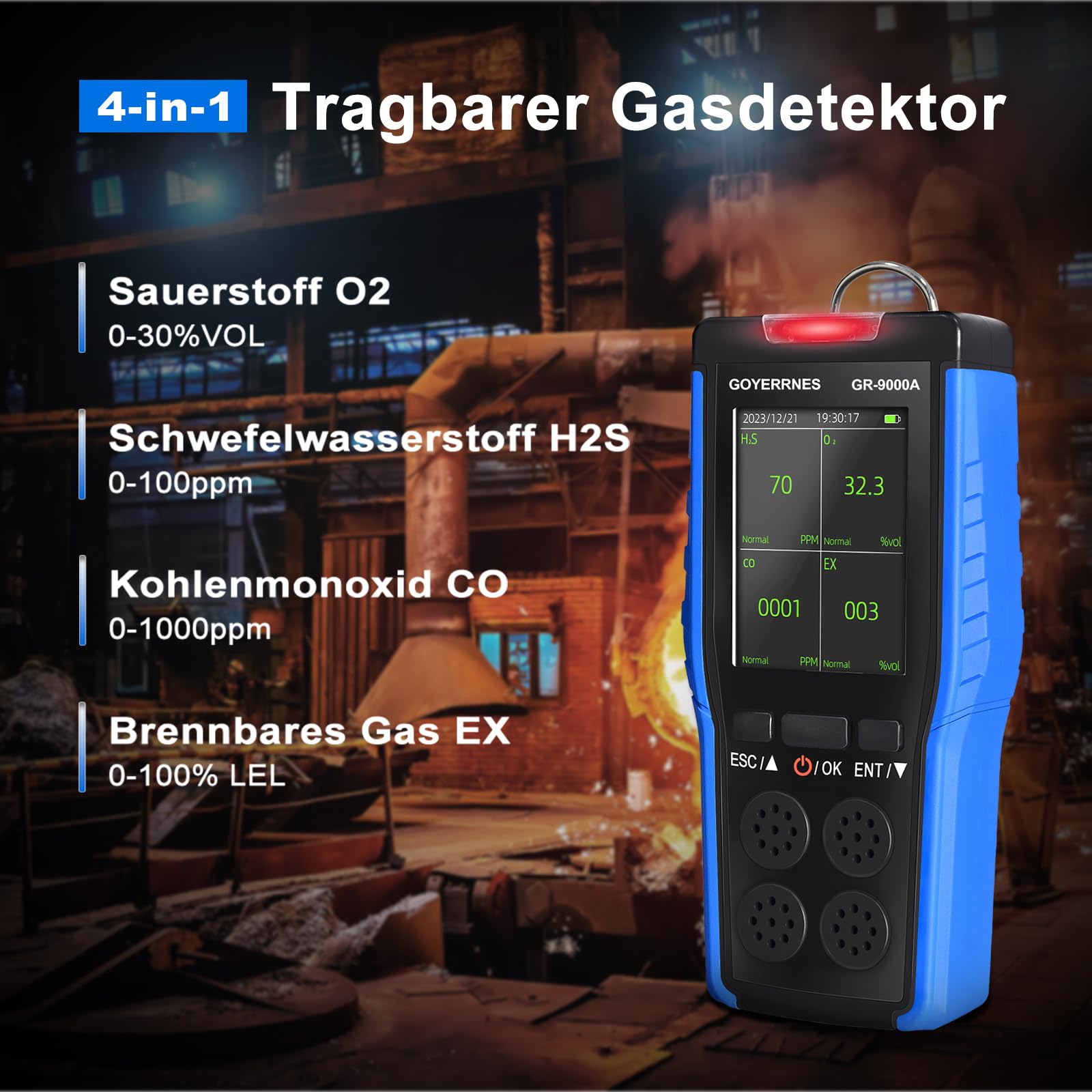 4 in 1 Gasdetektor Tragbarer Luftqualitätsdetektor Sauerstoff O2, Schwefelwasserstoff H2S, Kohlenmonoxid melder CO, brennbare Gase EX Alarm blinkender LCD-Bildschirm Datenspeicherung Geeignet für Indu