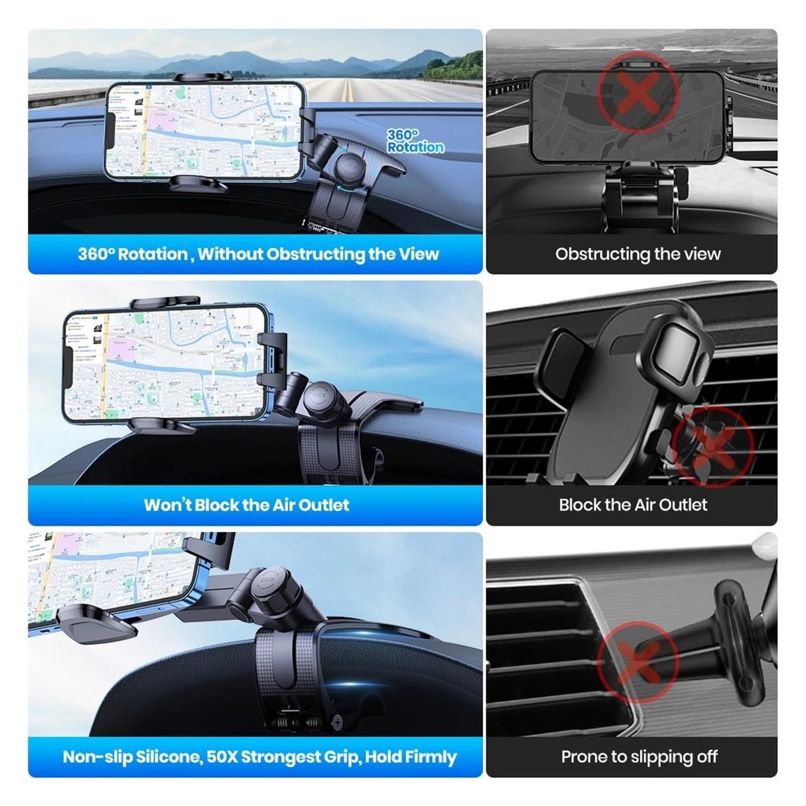 Porta Cellulare Auto Supporto universale per cruscotto auto, con rotazione a 360 gradi, per telefoni da 4 a 7 pollici.