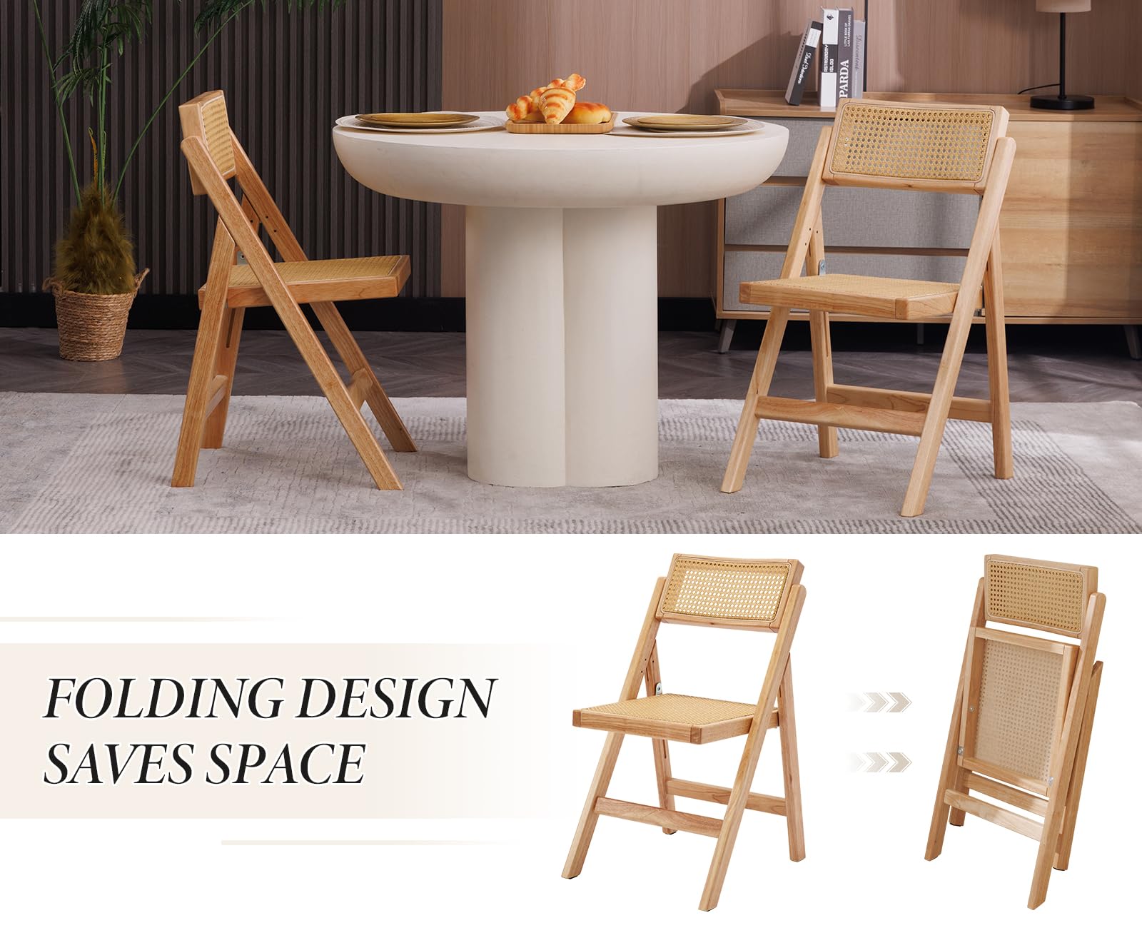 chairus Juego de 2 Sillas de Comedor de Madera Sillas de Jardín Plegables de Ratán, Sillas de Terraza sin Reposabrazos para Exterior/Cocina, Color Natural