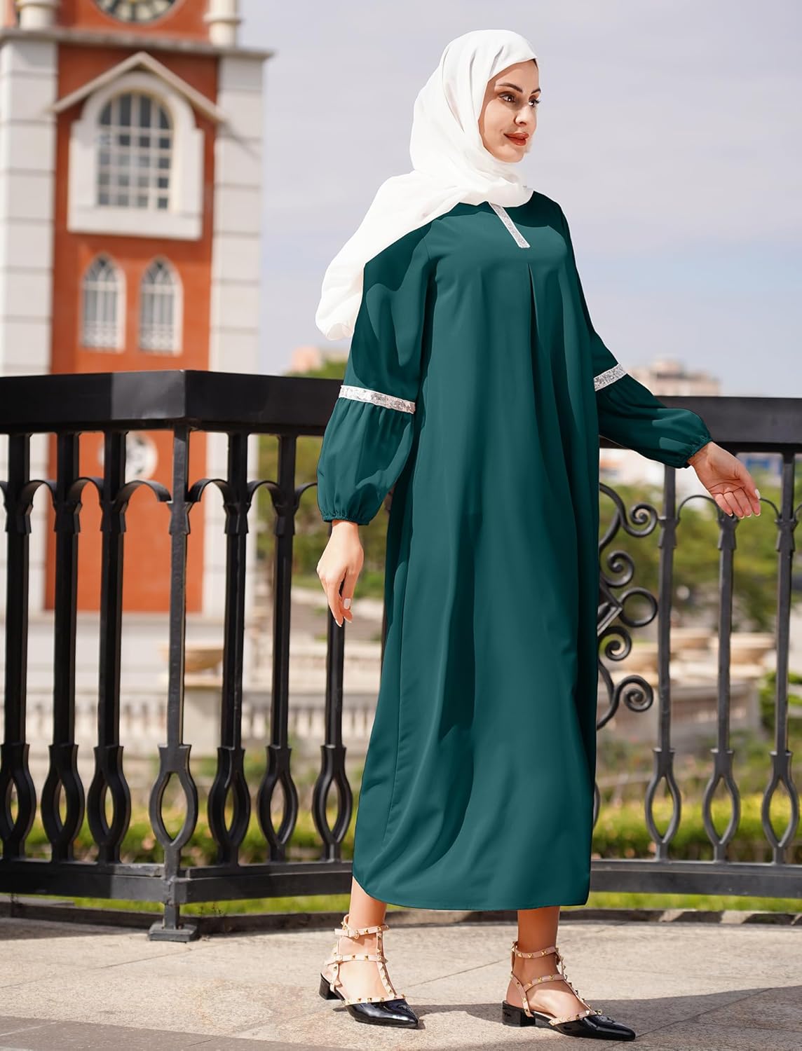 IDOPIP Muslim Abaya Dress for Women Casual Sequin Sundress Solid Dubai Kaftan Robe Party Long Sleeve Islamic Prayer Clothing - Image 3