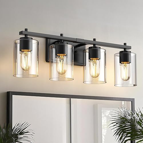 DORESshop Lámpara de tocador de baño de 4 luces sobre el espejo, lámparas de baño negro mate con pantallas de vidrio transparente, luces modernas