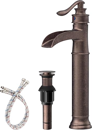Grifo de lavabo de cobre, grifos altos de baño, cascada, mango único, 1 agujero, antiguo, con drenaje desplegable y líneas de suministro, grifo
