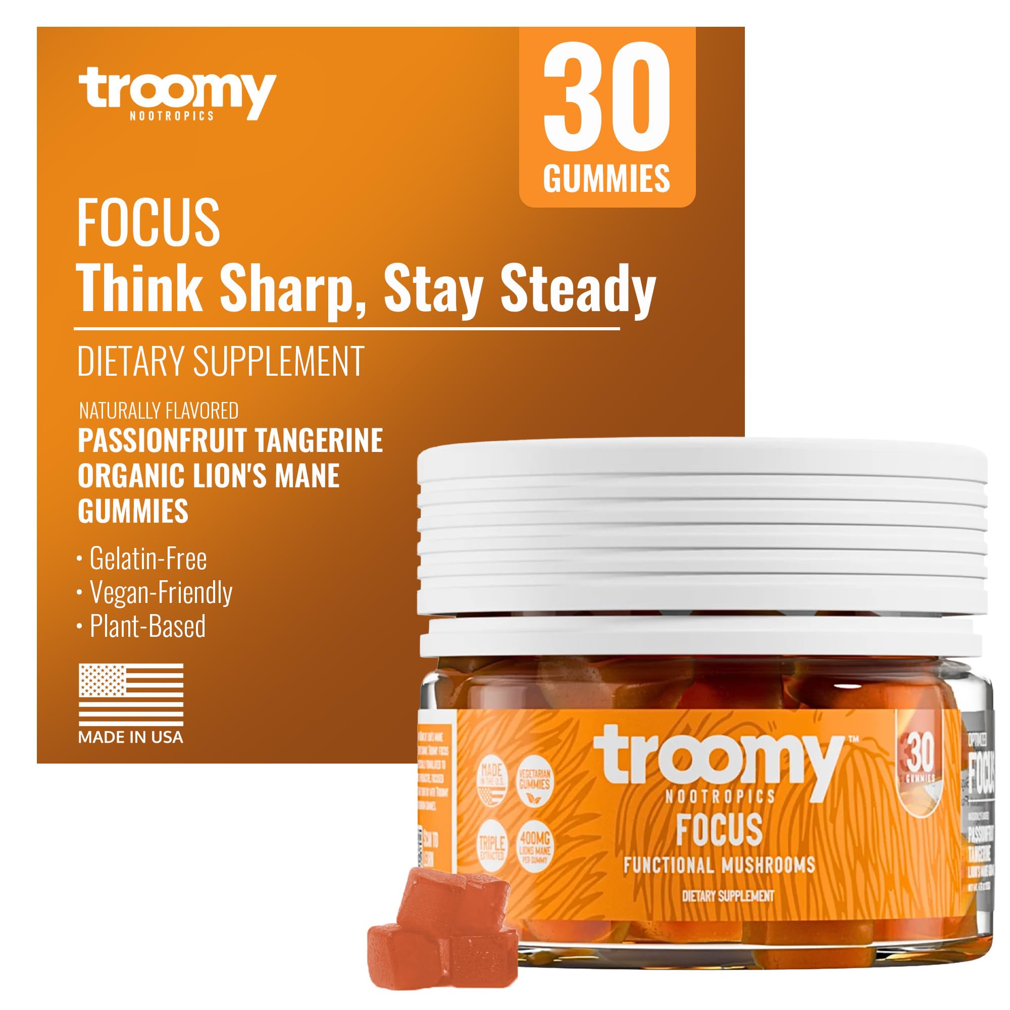 Troomy Nootropics Suplemento de Cogumelo Juba-de-Leão 800 mg, sabor maracujá, 30 gomas