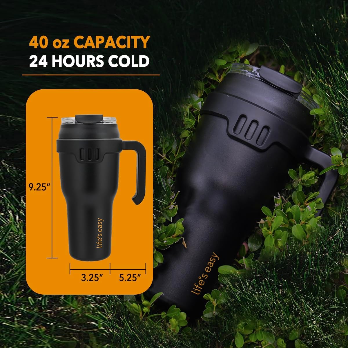 Life's Easy 40 oz Tumbler with Handle and Built-in Flip Straw - Leakproof Vacuum Insulated Stainless Steel Mug with 2-in-1 Lid, Large Travel Mug, Fits in Cup Holder - Great for Christmas & More