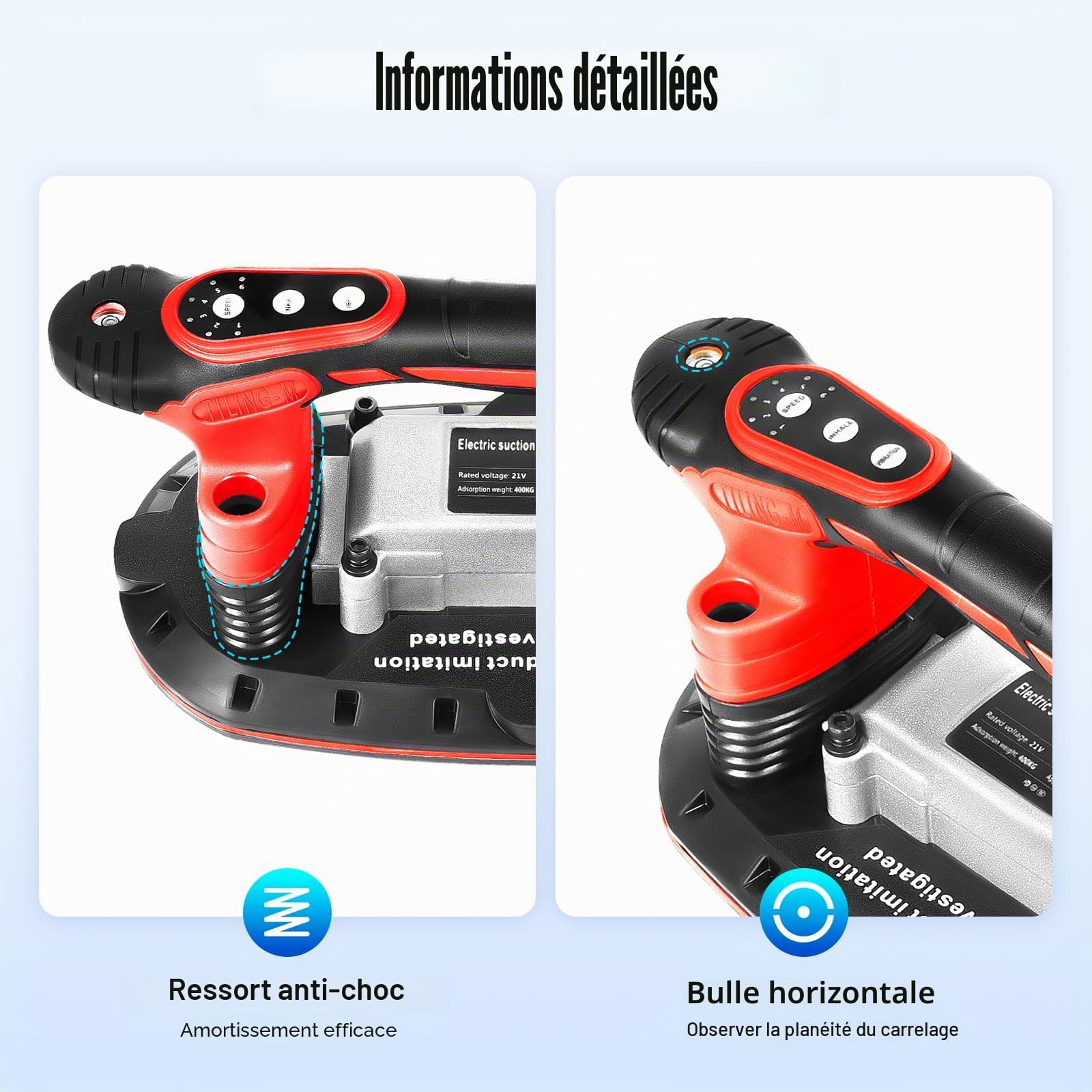Outil de vibration pour carrelage avec ventouse électrique à 6 vitesses réglables pour granit, verre, carrelage, porcelaine