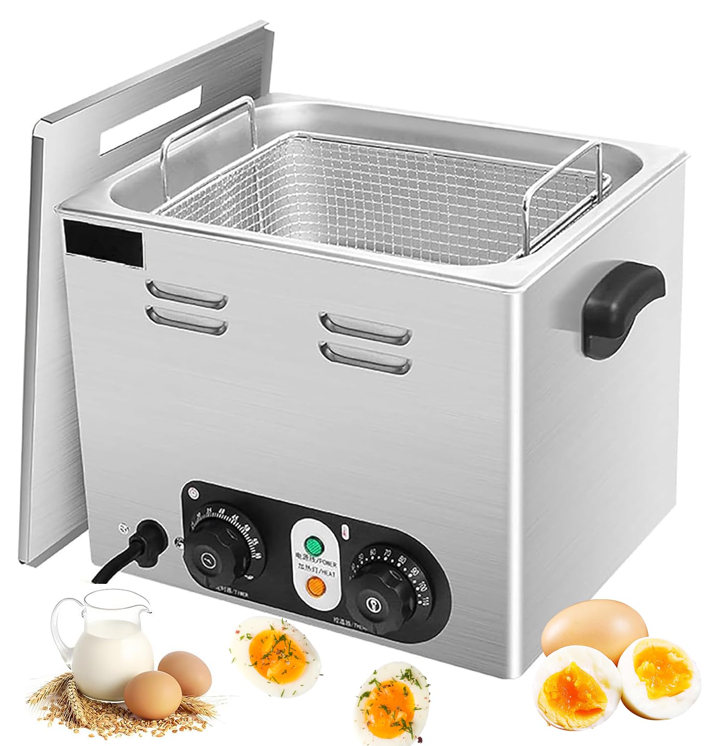 Hervidor de huevos comercial de 60 piezas, cocedor de huevos de acero inoxidable de 2600 W con cesta de malla, control de temperatura y temporizador de 30-110 ℃, fabricante eléctrico de huevos