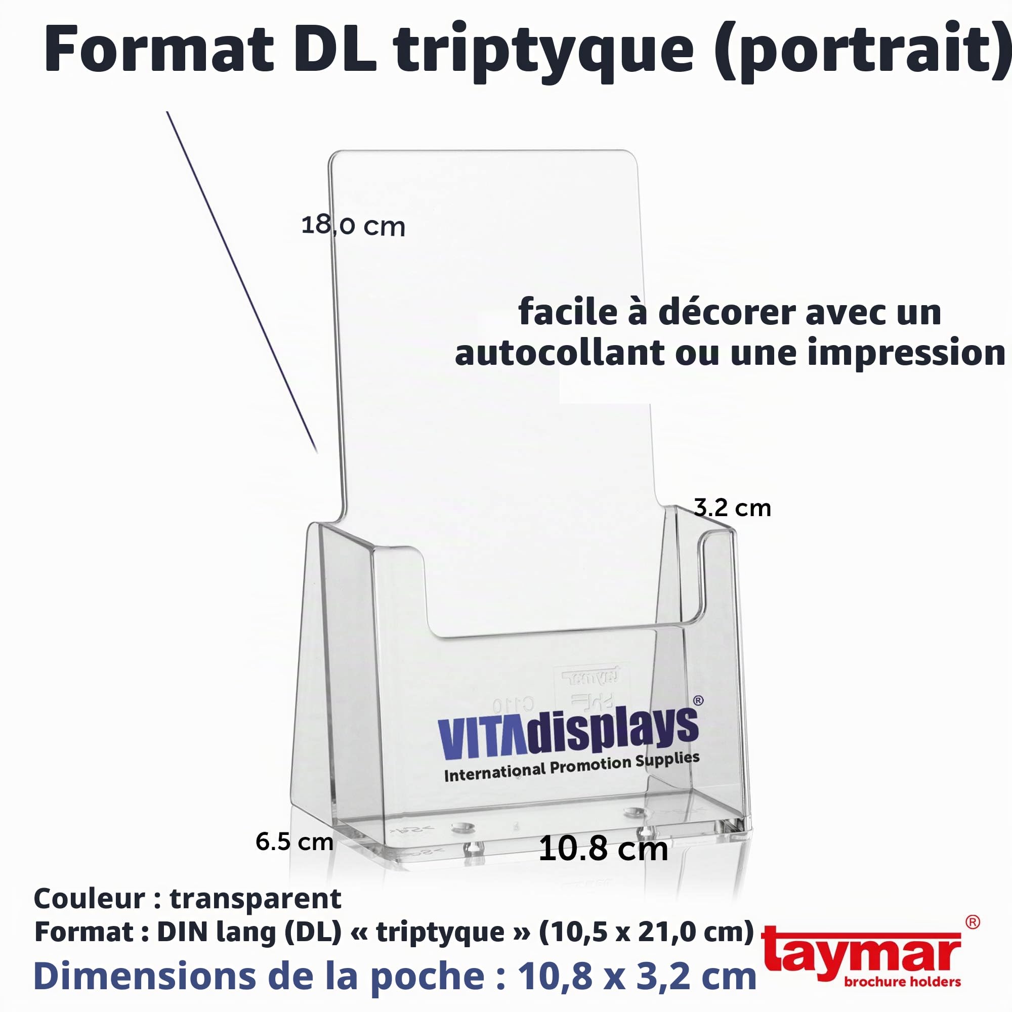 Taymar Présentoir à flyers DIN long stable de la marque en tant que présentoir de table transparent trifold pour flyers DL et cartes postales DIN A6 (Lot de 5)