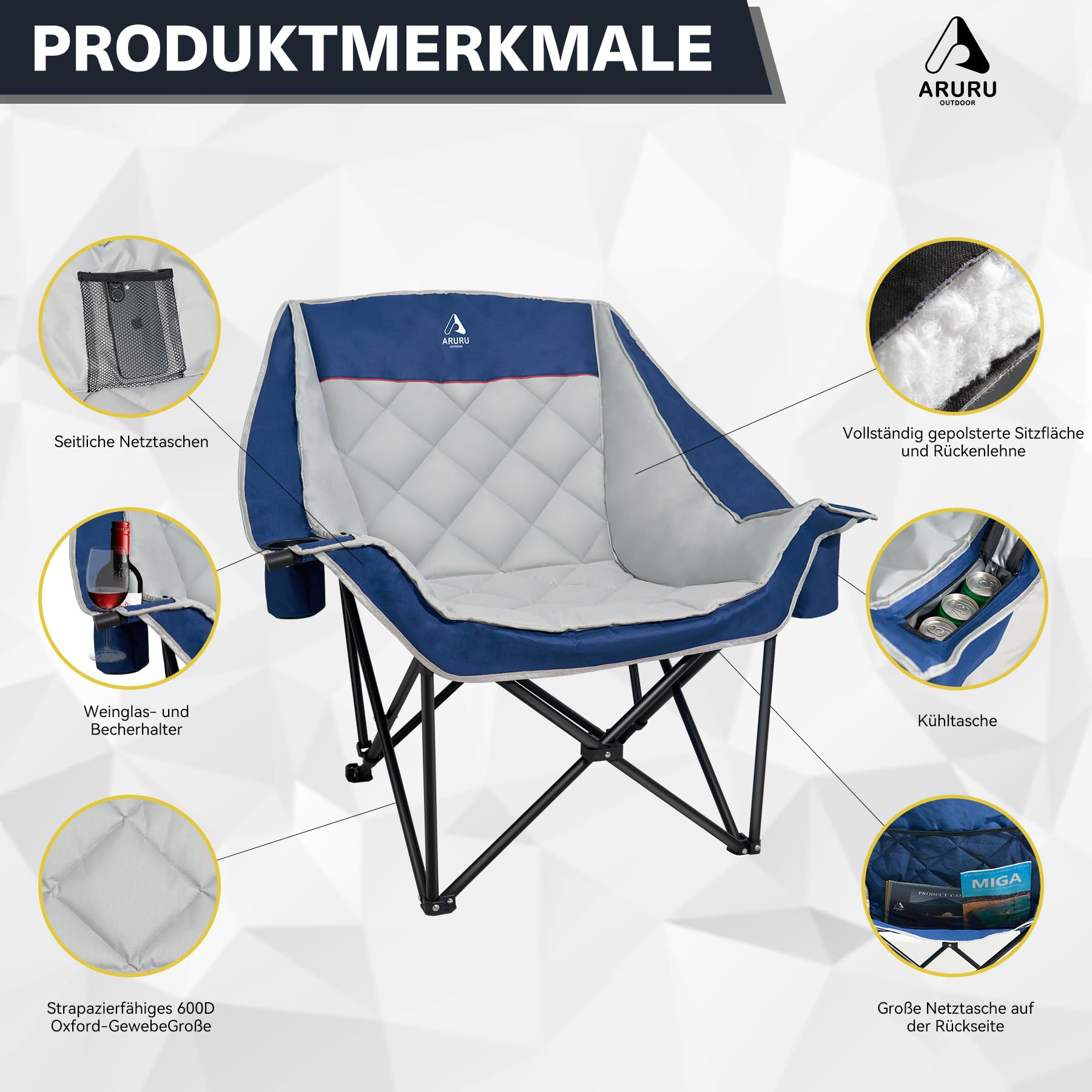 Campingstuhl bis 200KG Gepolstert Armlehnen XL Outdoorstuhl Klappstuhl Campingsofa mit Getränkehalter Kühltasche Hoher Rückenlehne