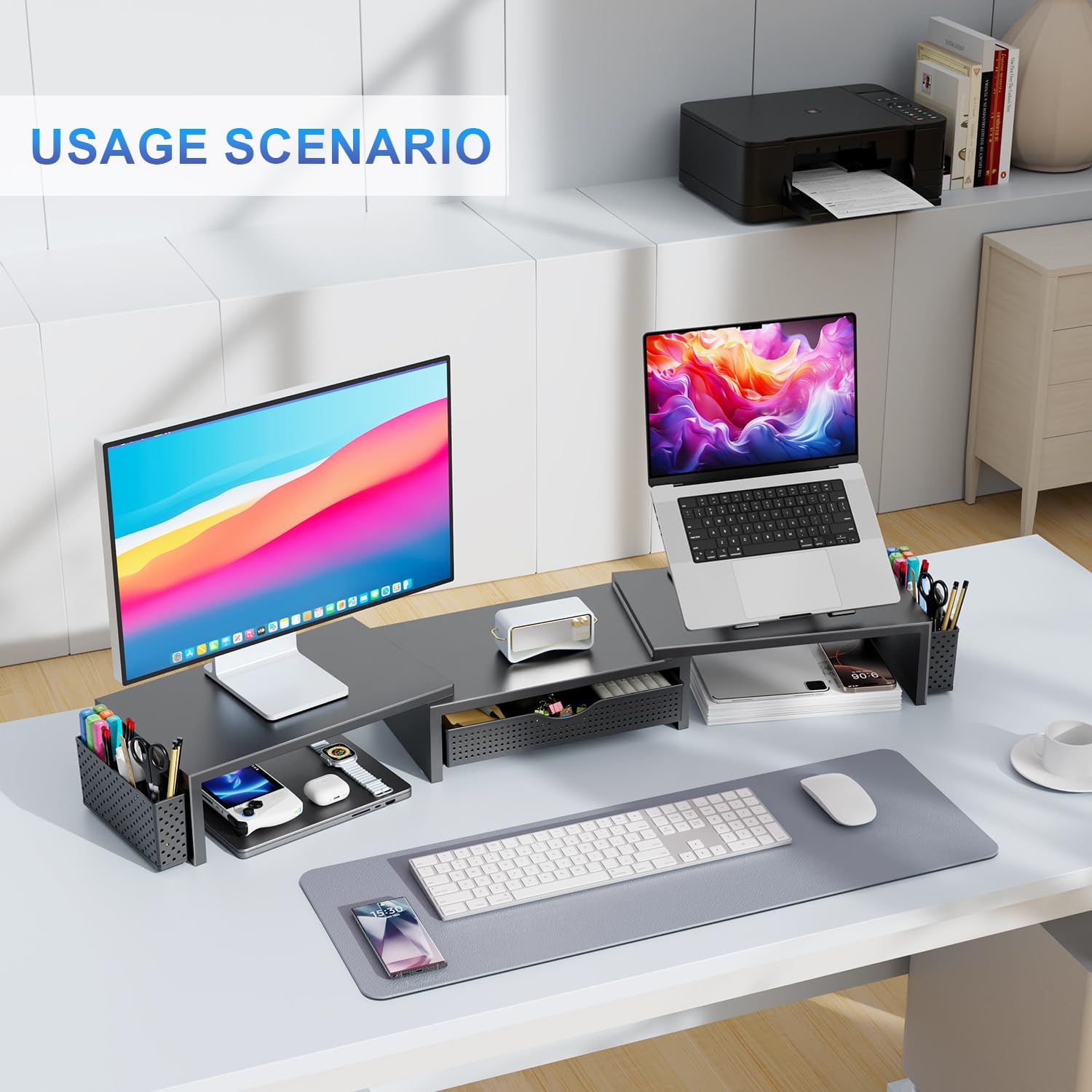 Dual Monitor Stand Riser, Metal Desk Accessories with Drawer and 2 Pen Holder, Adjustable Length and Angle - Computer Monitor Stand for Screen, Computer, Printer (Black) — view 6
