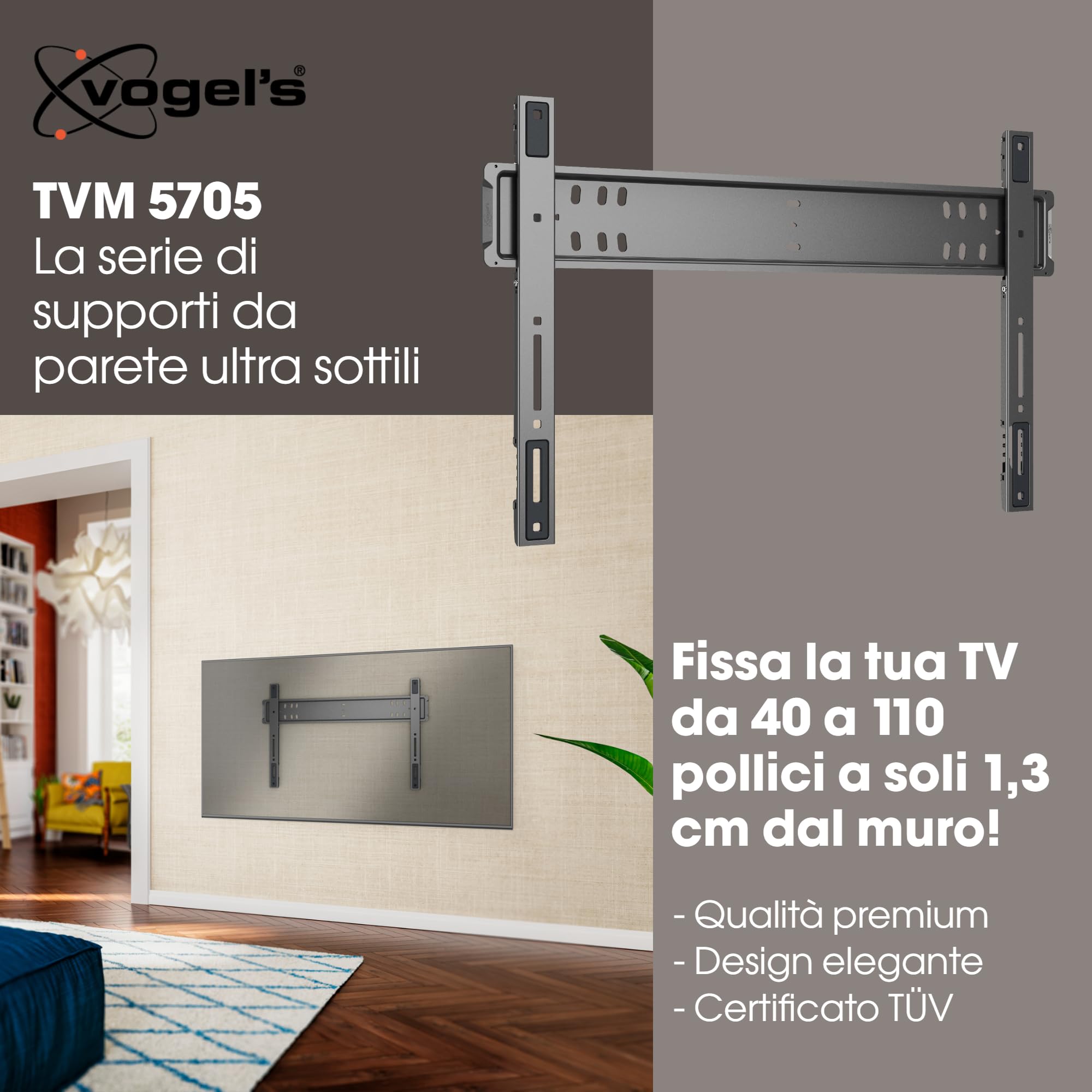 Vogel's TVM 5705 – Supporto da parete per TV ultrasottile con GuidanceSystem™ per appendere in modo semplice TV grandi, 40–110'', max 100 kg, certificato TÜV, VESA 600x400, distanza dal muro 1,3 cm