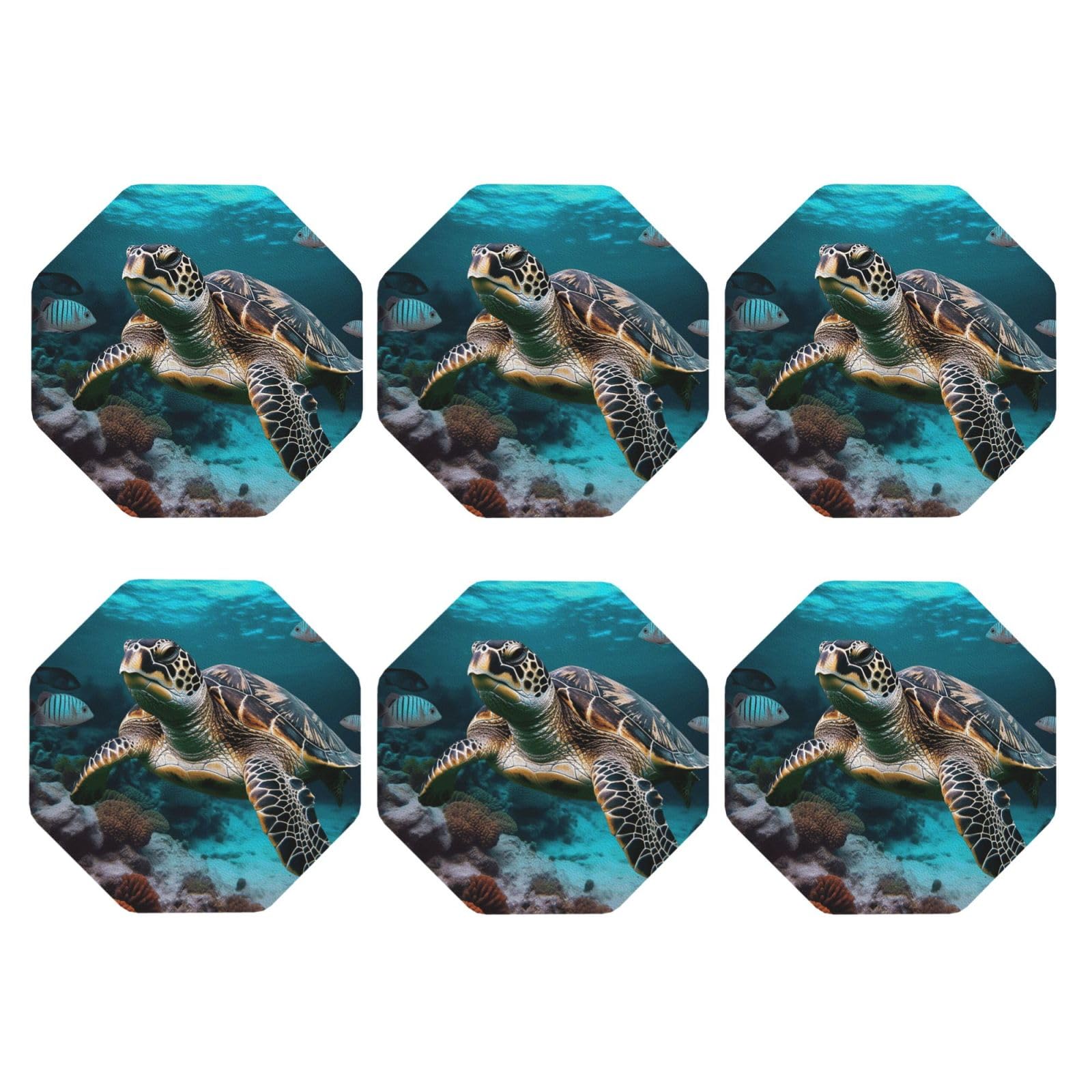 6pcs Leather Coasters for Drinks, Ocean Animal Turtle Drink Coasters for Tabletop Protection, 4" Cup Coasters for Coffee Table Decor, Non-Slip Drinking Cup Mat for Hot Or Cold Drink