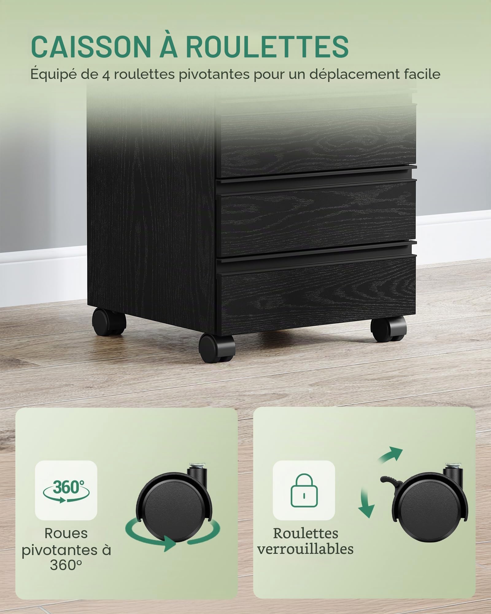 Hzuaneri Caisson de Bureau avec 5 tiroirs, Meuble de Bureau, Casier sur roulettes, Armoire à tiroirs pour télétravail, Noir 40 x 40 x 70 cm FC55504X