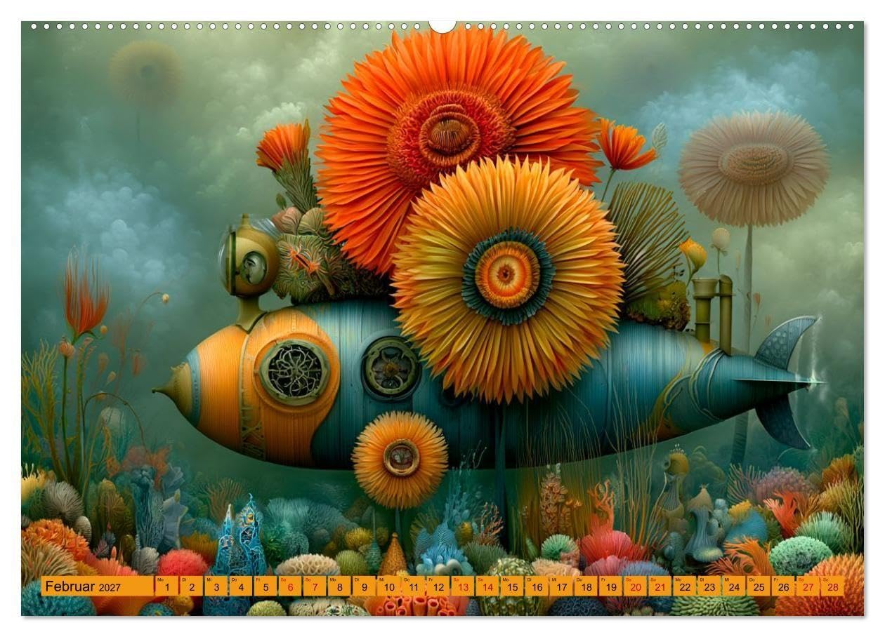 Zwischen Blütenmeer und Bullauge (hochwertiger Premium Wandkalender 2027 DIN A2 quer), Kunstdruck in Hochglanz: Fantasievolle KI-Kunst voller ... zwischen Korallen und Fantasie