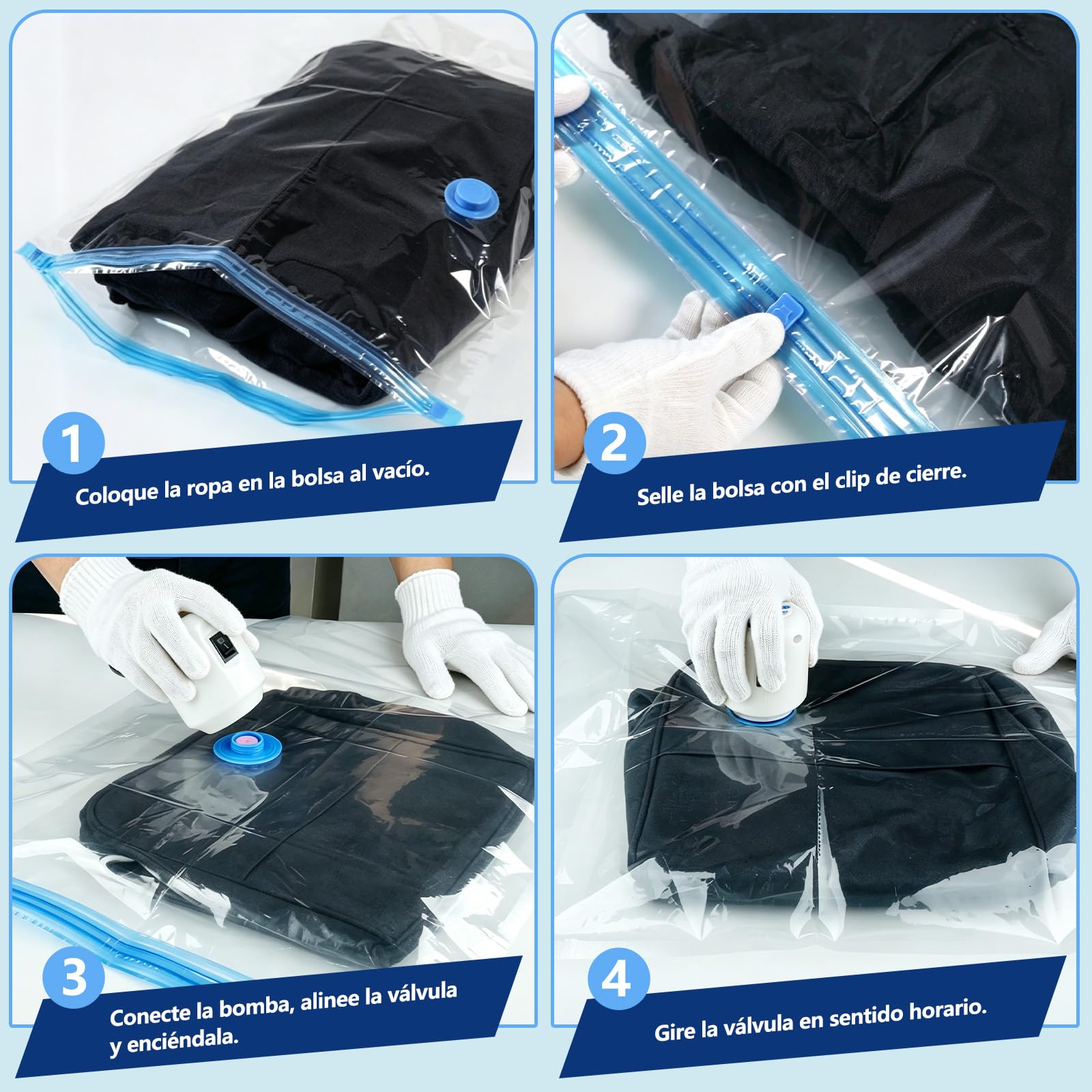 Bolsas Vacío Ropa Viaje con Bomba Eléctrica, 20 uds, 4 Tamaños | Material PA+PE extra grueso,Resistente a desgarros,Reutilizable,Mezcla de tamaños 40×60/50×70/60×80/80×100 cm