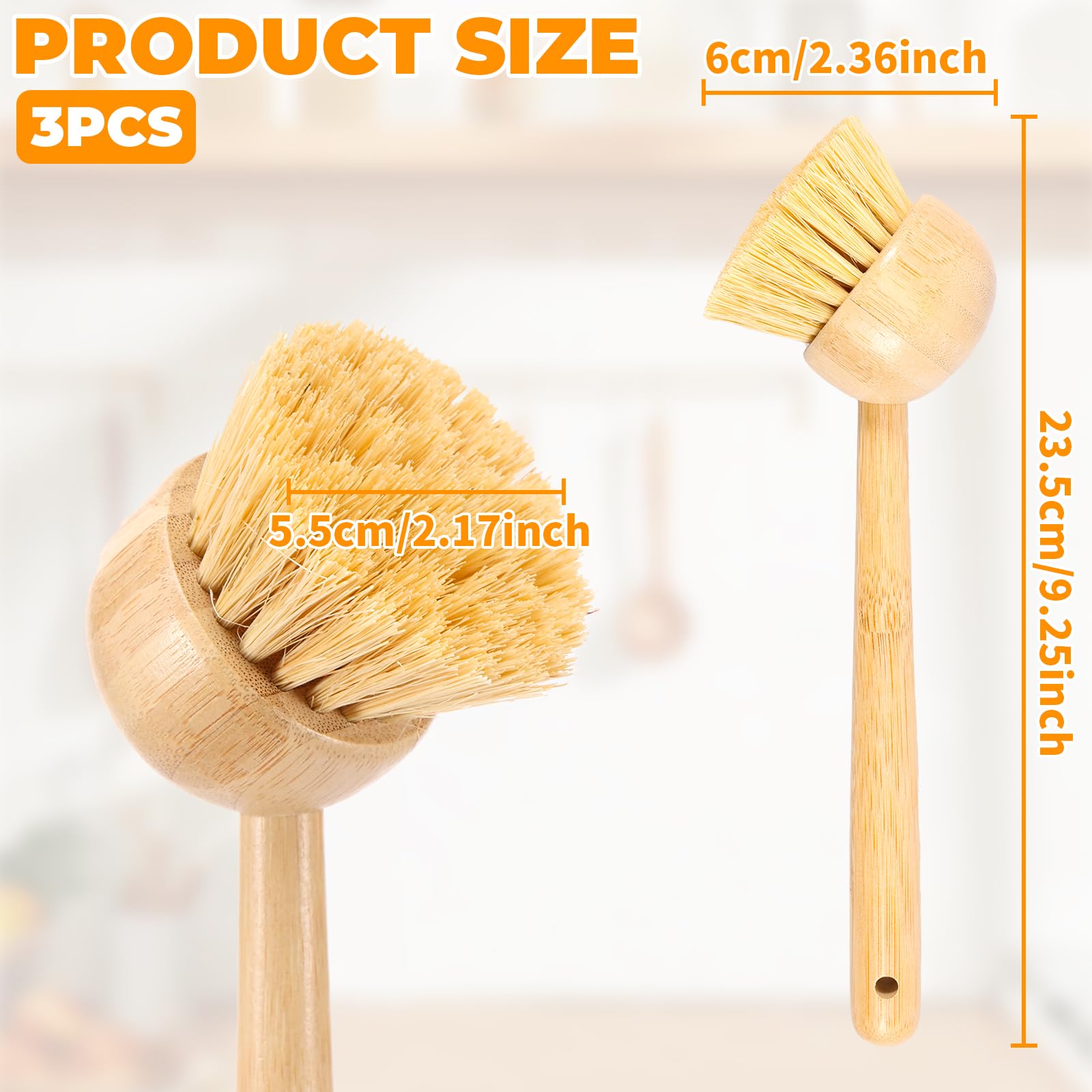 3 Pcs Dish Brush with Handle, Wood Dish Scrubber, Efficient Plate Scrub Brush, Dishwashing Scrubber, Reusable Dishs Cleaning Brushes, Portable Bamboo Dishs Scrub for Cleaning Pots Pan