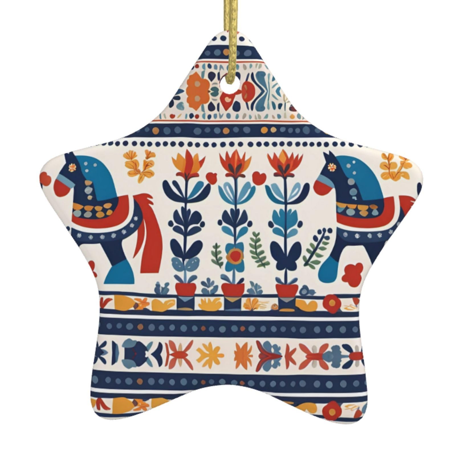 HYTTER Swedish Dala Horse Folk Christmas Ceramic star Pendant Decoration - Hanging for Stores, and Homes -2.9 in
