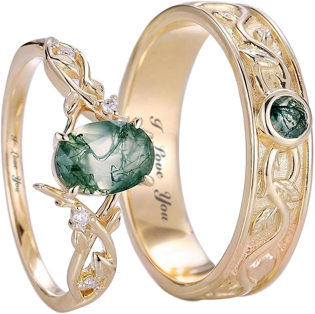 SISGEM Natural Moss Agate Promise Rings for Couples, 925 Sterling Silver/10K 14K 18K Solid Gold Moss Agate Wedding Rings for Him And Her, Vintage Leaf Matching Couple Rings Anniversary Jewelry Gift