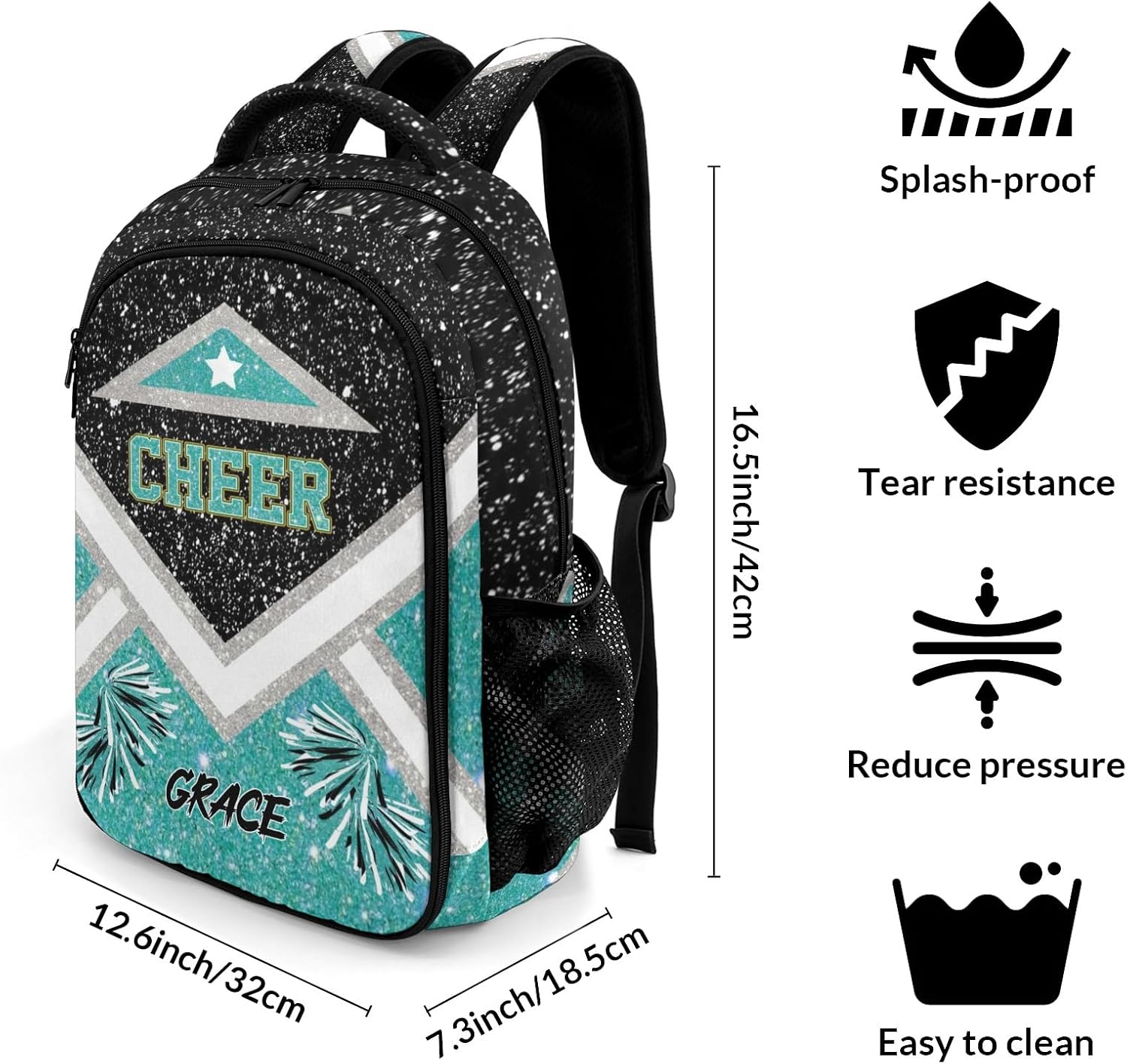 Cheer Cheerleader Black Blue Backpack Waterproof Casual Shcool Shoulder Laptop Bag Day Pack with Name Gift