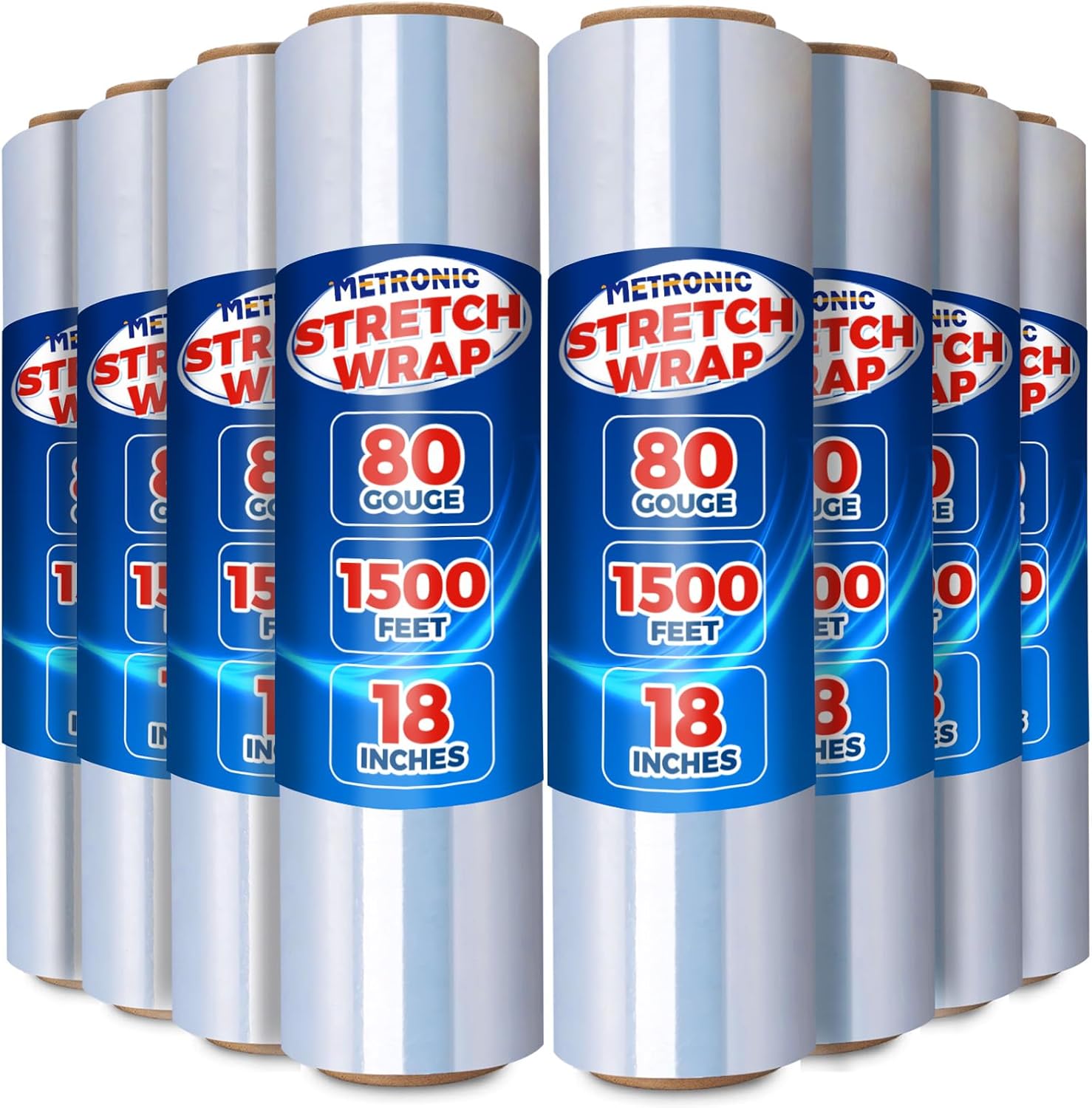 Metronic Stretch Wrap Roll 18" x 1500 Ft 80 Gauge Heavy Duty Plastic Packing Wrap for Pallet Wrapping Shipping Moving Clear Industrial Shrink Film Surface Protection Furniture Packing, 4 Pack