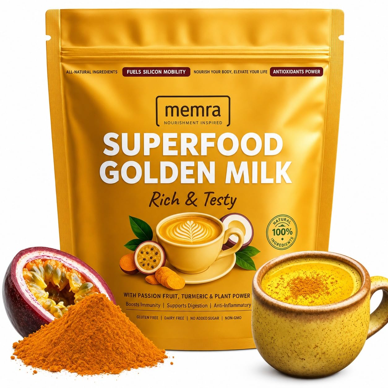 Memra Golden Milk Powder with Passion Fruit, 2.8 oz
