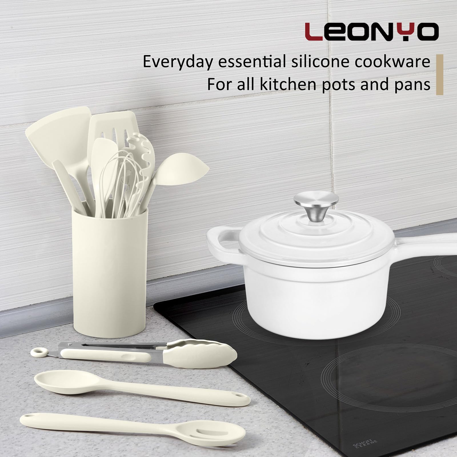 Leonyo Küchenutensilien-Set zum Kochen, Silikon-Kochutensilien-Set, 230 °C, hitzebeständiges Silikon-Küchenwerkzeug mit Pfannenwender, Servierlöffel, Schneebesen für Antihaft-Kochgeschirr, Weiß, 10