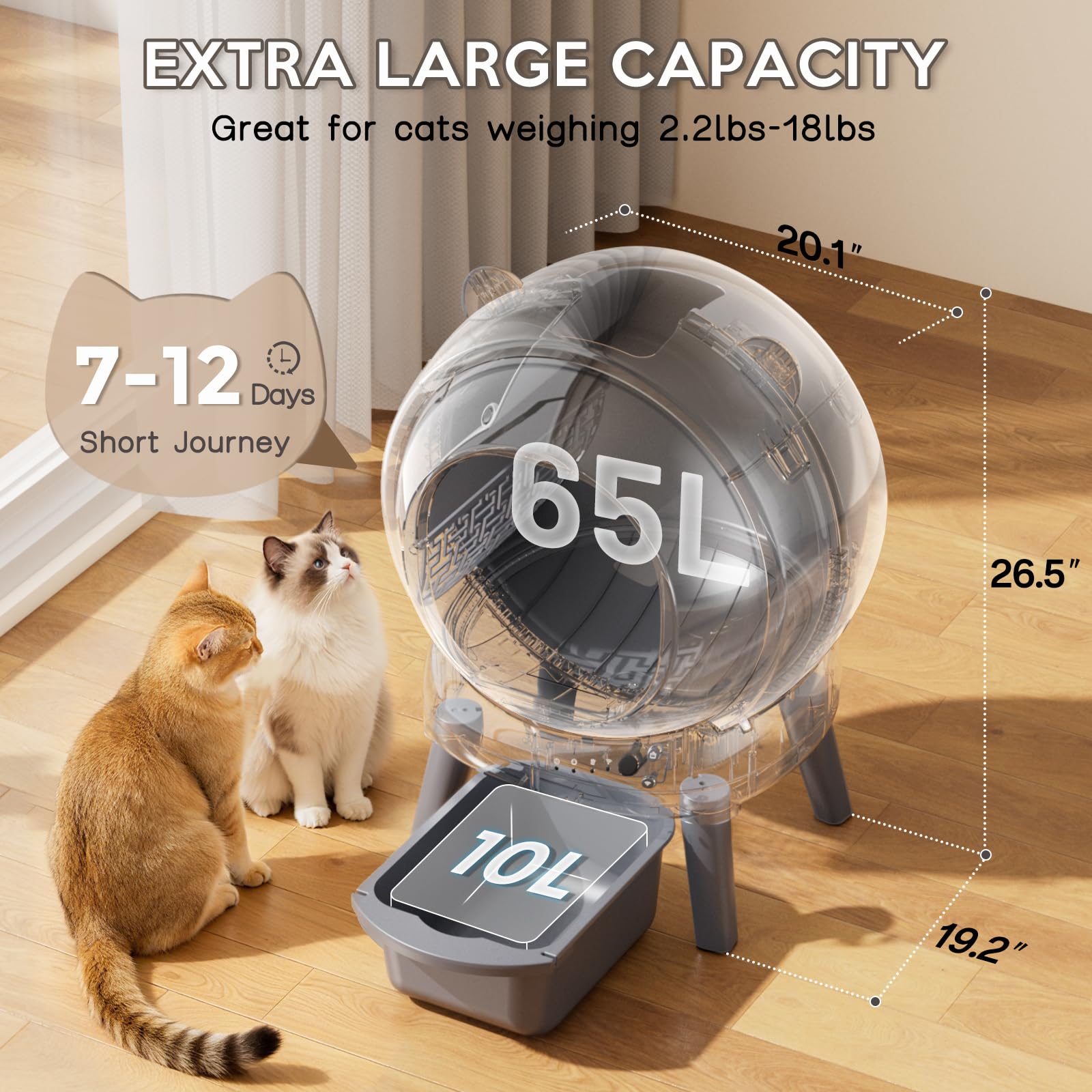 Automatic Litter Box for Multiple Cats, Large Capacity Self Cleaning Litter Box with App Control, Noise & Odor Control, Dual Safety Sensors, Easy Maintenance with 2 Roll Garbage Bags, Gray - image 3